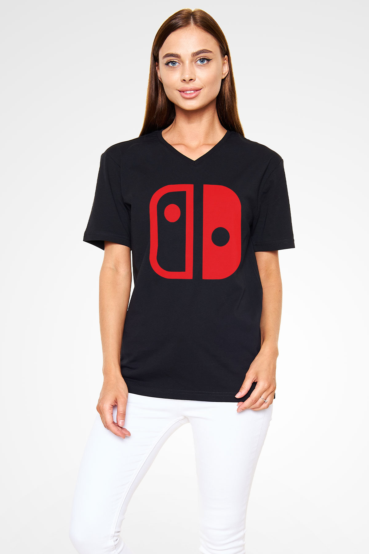 Nintendo Siyah Unisex V Yaka Tişört T-Shirt