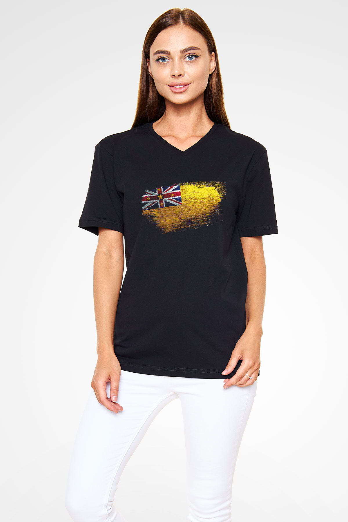 Niue Bayrağı Baskılı Unisex Siyah V Yaka Tişört