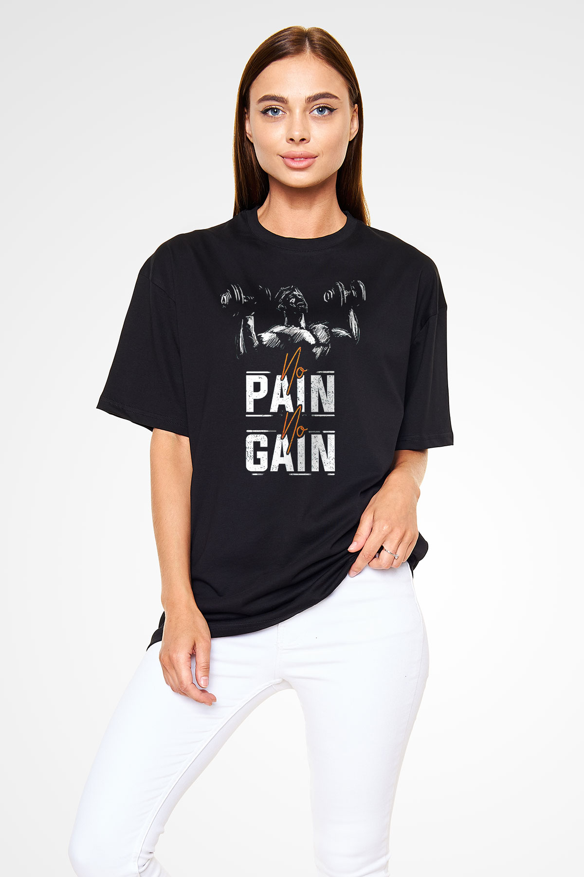 No pain No gain Baskılı Oversize Siyah Tişört