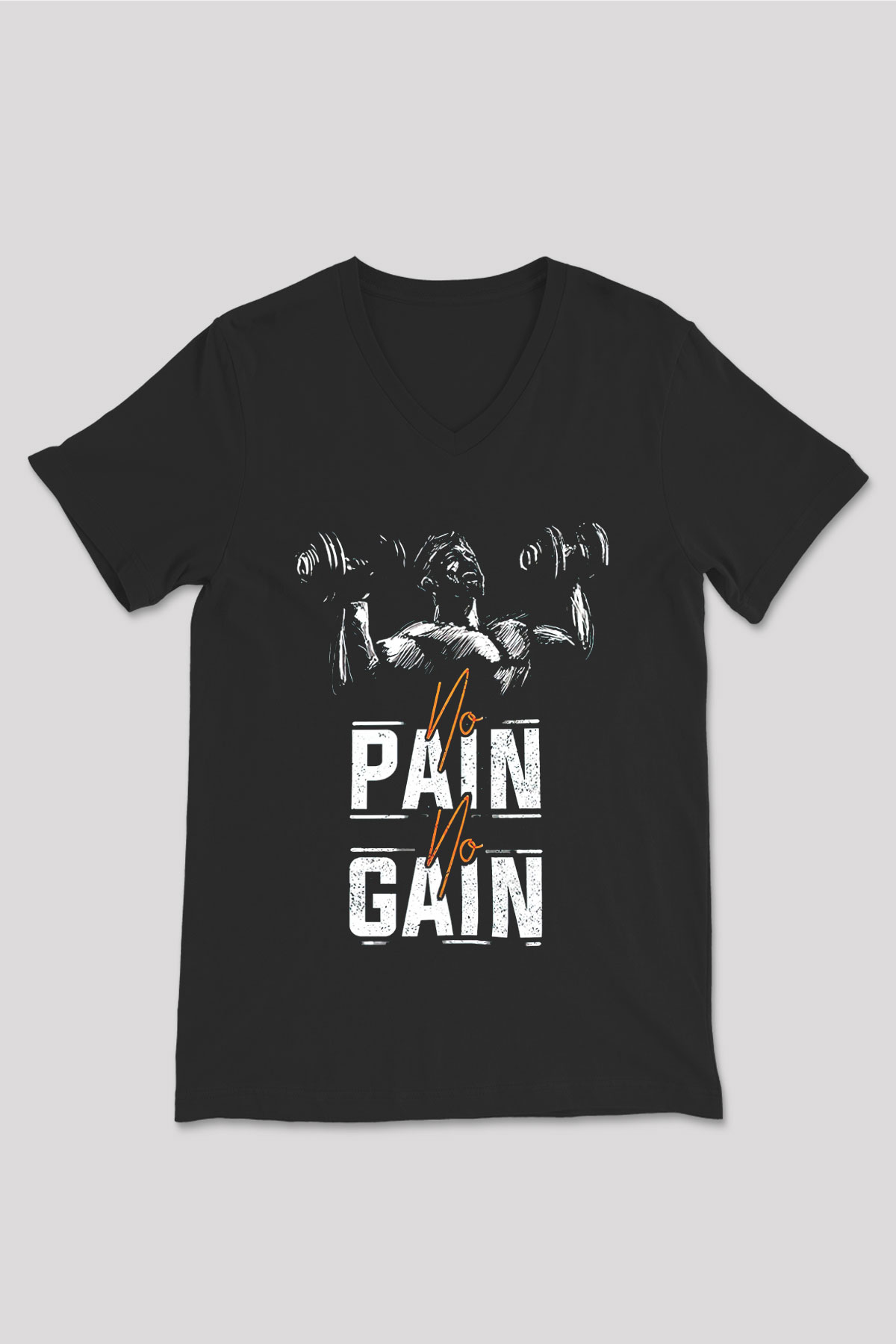 No pain No gain Baskılı Unisex Siyah  V Yaka Tişört
