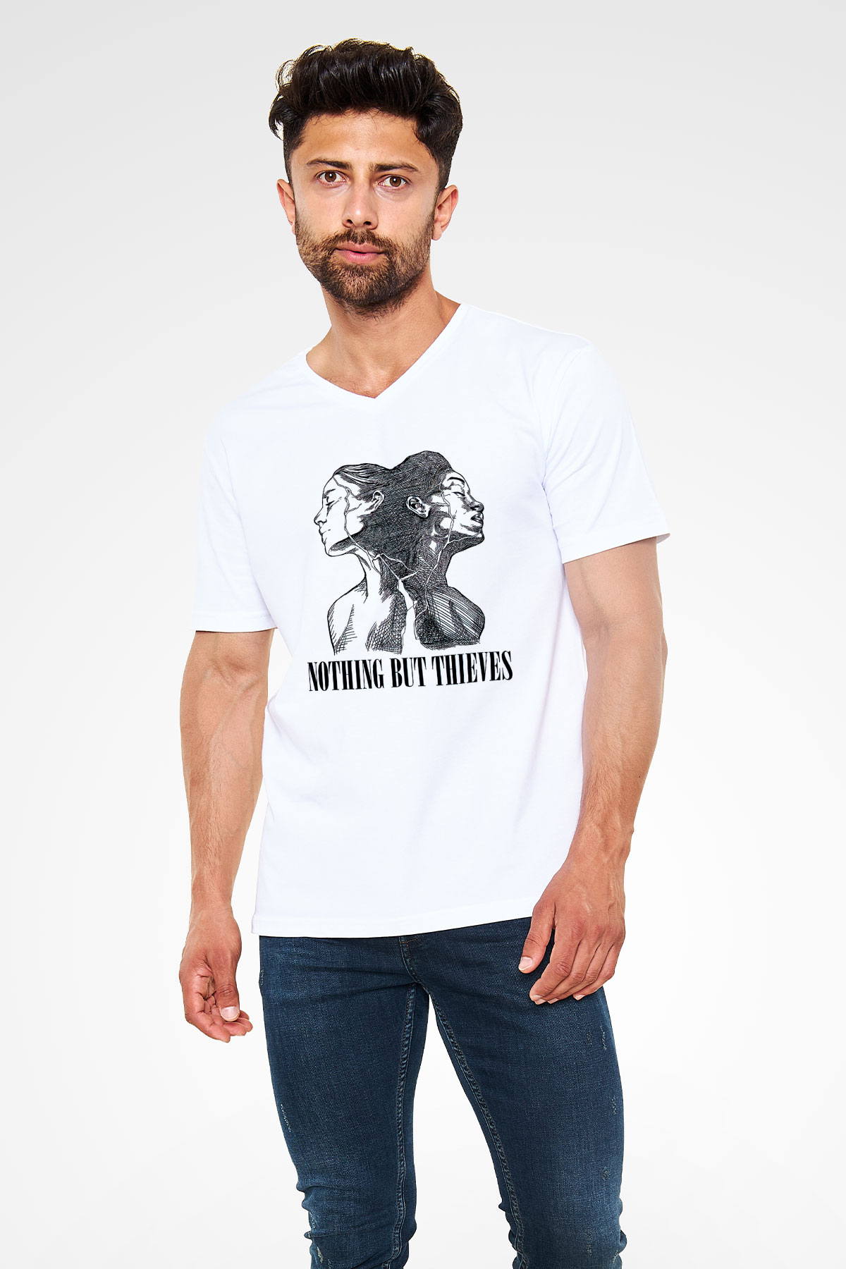 Nocturnal Depression Baskılı Beyaz Unisex V Yaka Tişört - Tshirt
