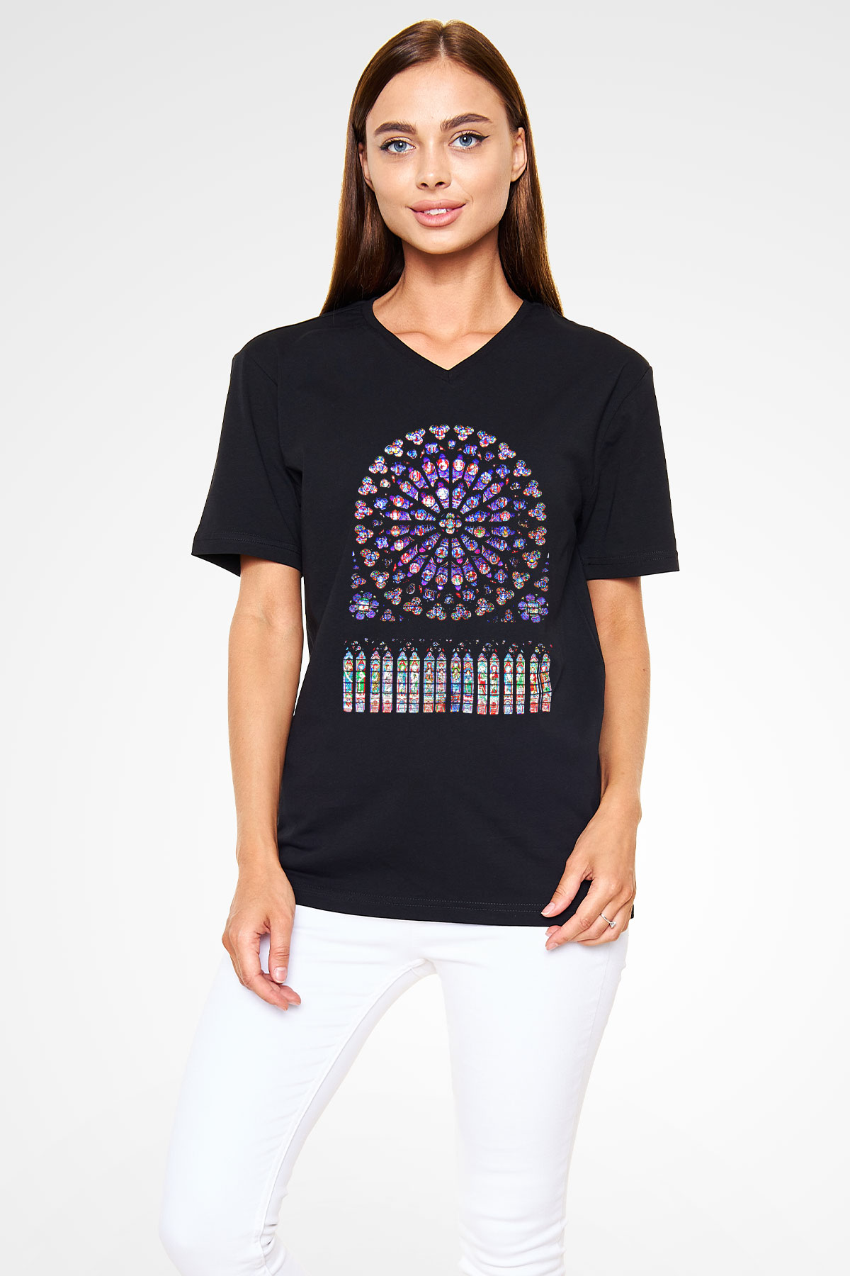 Notre Dame Katedrali Siyah Unisex V Yaka Tişört T-Shirt