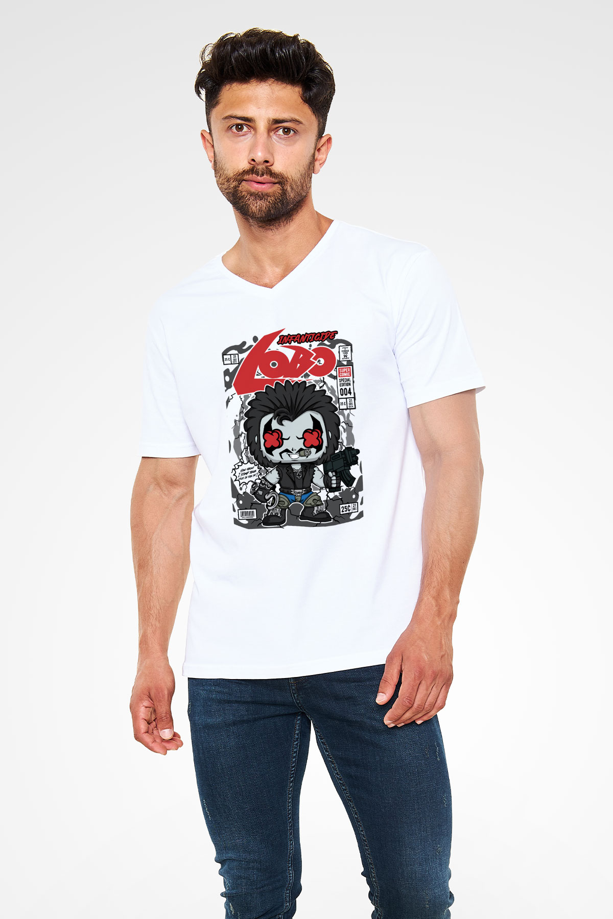 Ödül Avcısı Baskılı Unisex Beyaz V Yaka Tişört
