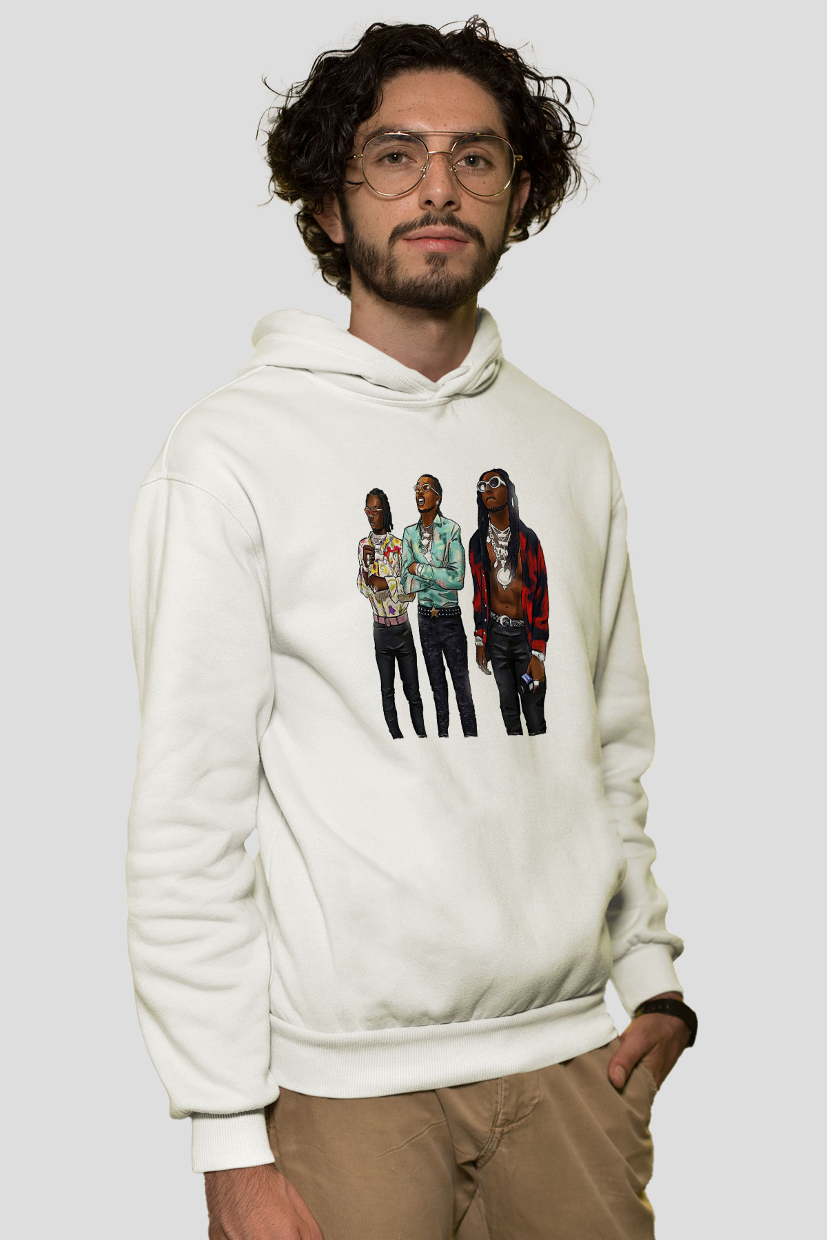 Offset Baskılı Beyaz Unisex Kapüşonlu Sweatshirt