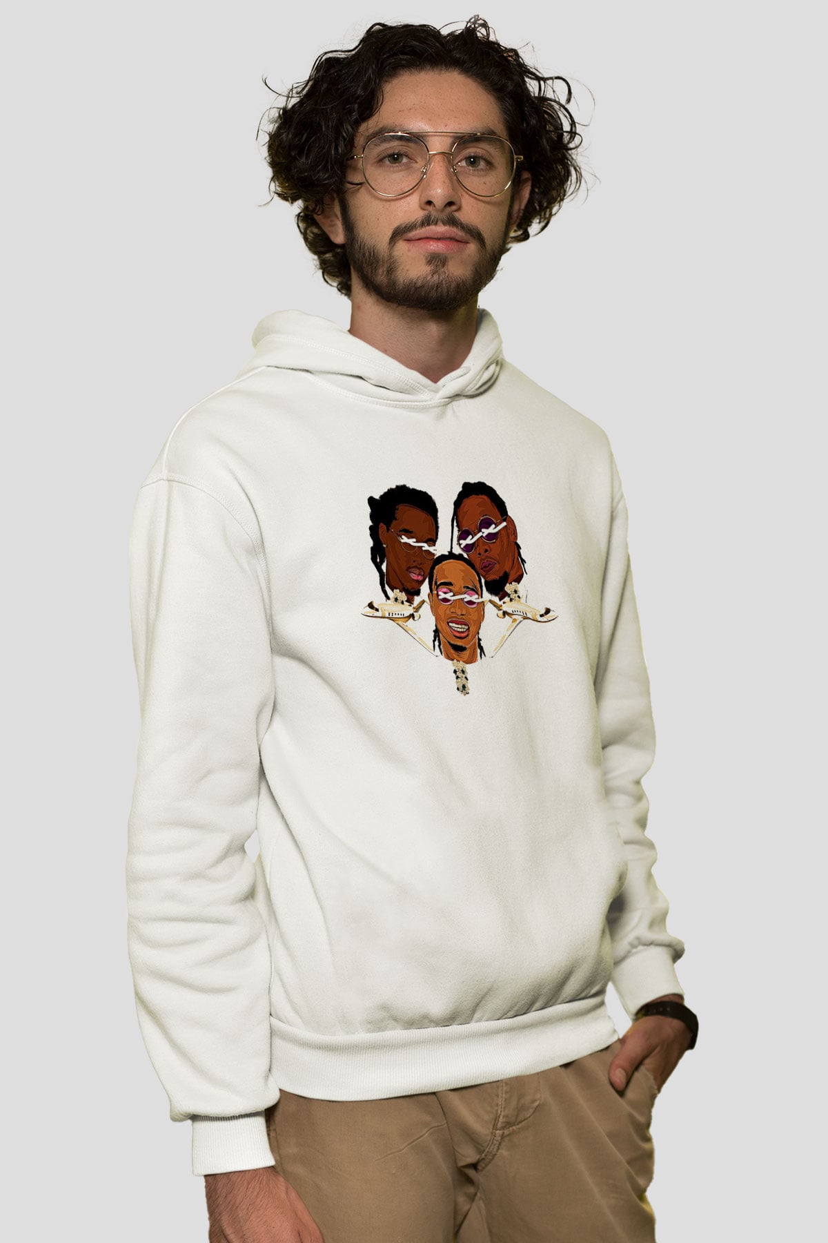 Offset Baskılı Beyaz Unisex Kapüşonlu Sweatshirt