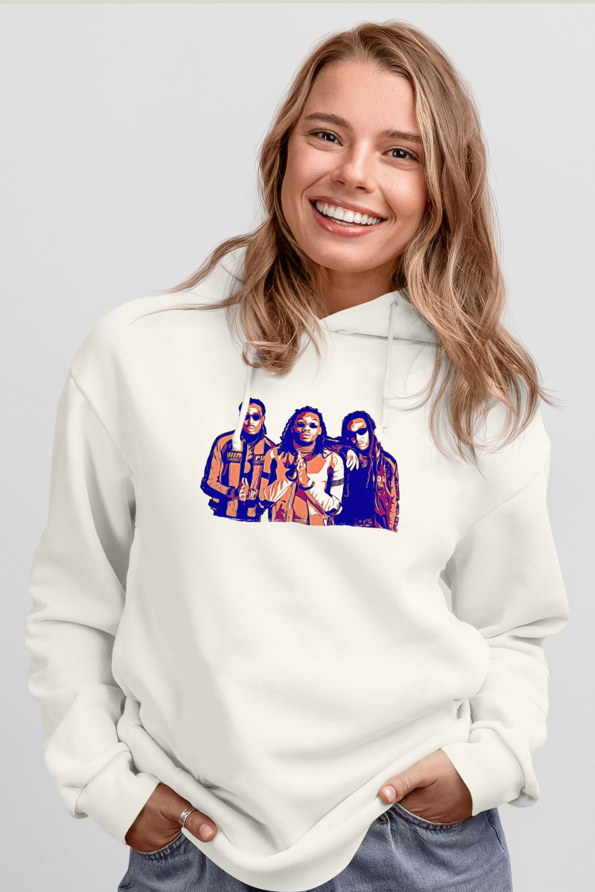 Offset Baskılı Beyaz Unisex Kapüşonlu Sweatshirt