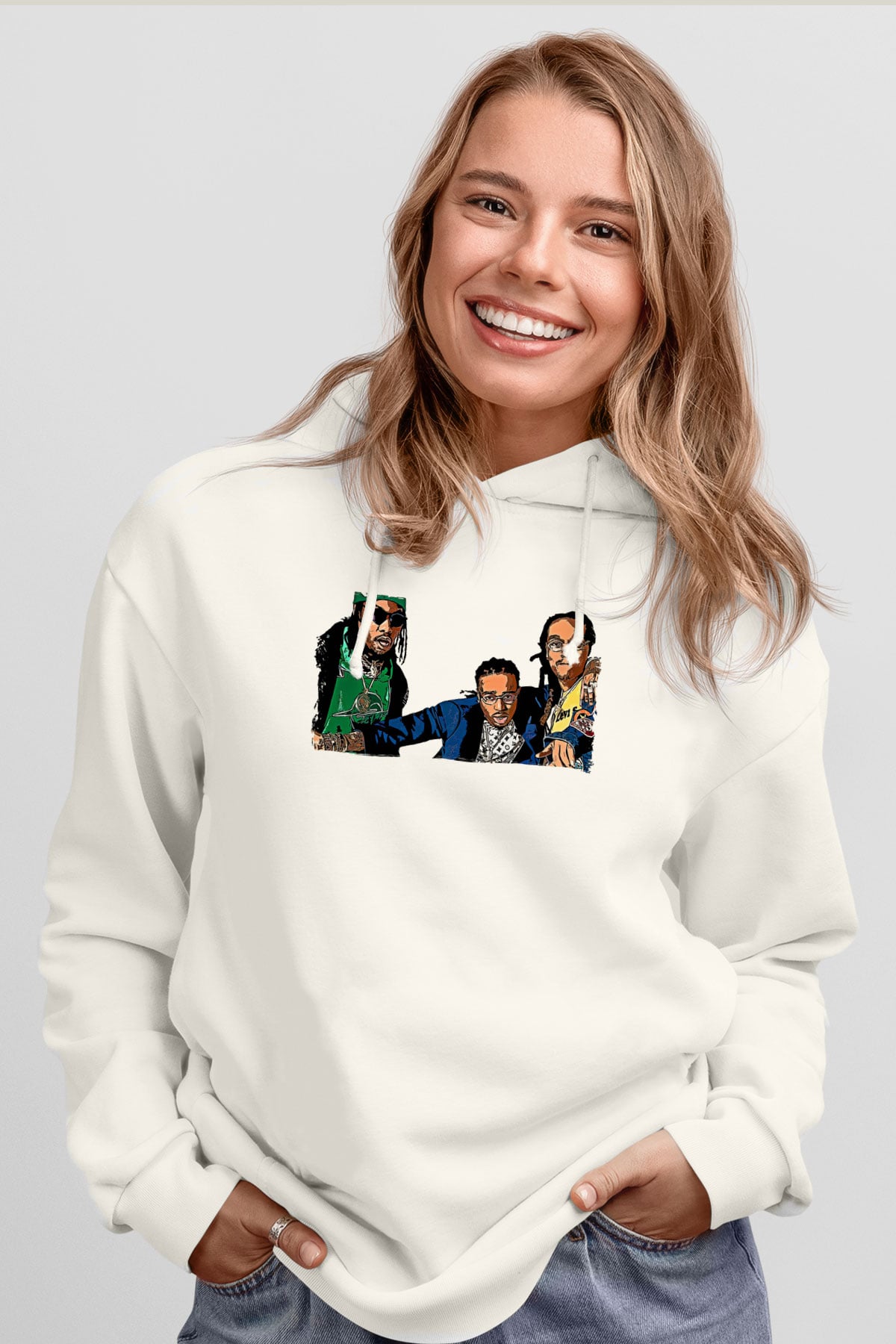 Offset Baskılı Beyaz Unisex Kapüşonlu Sweatshirt