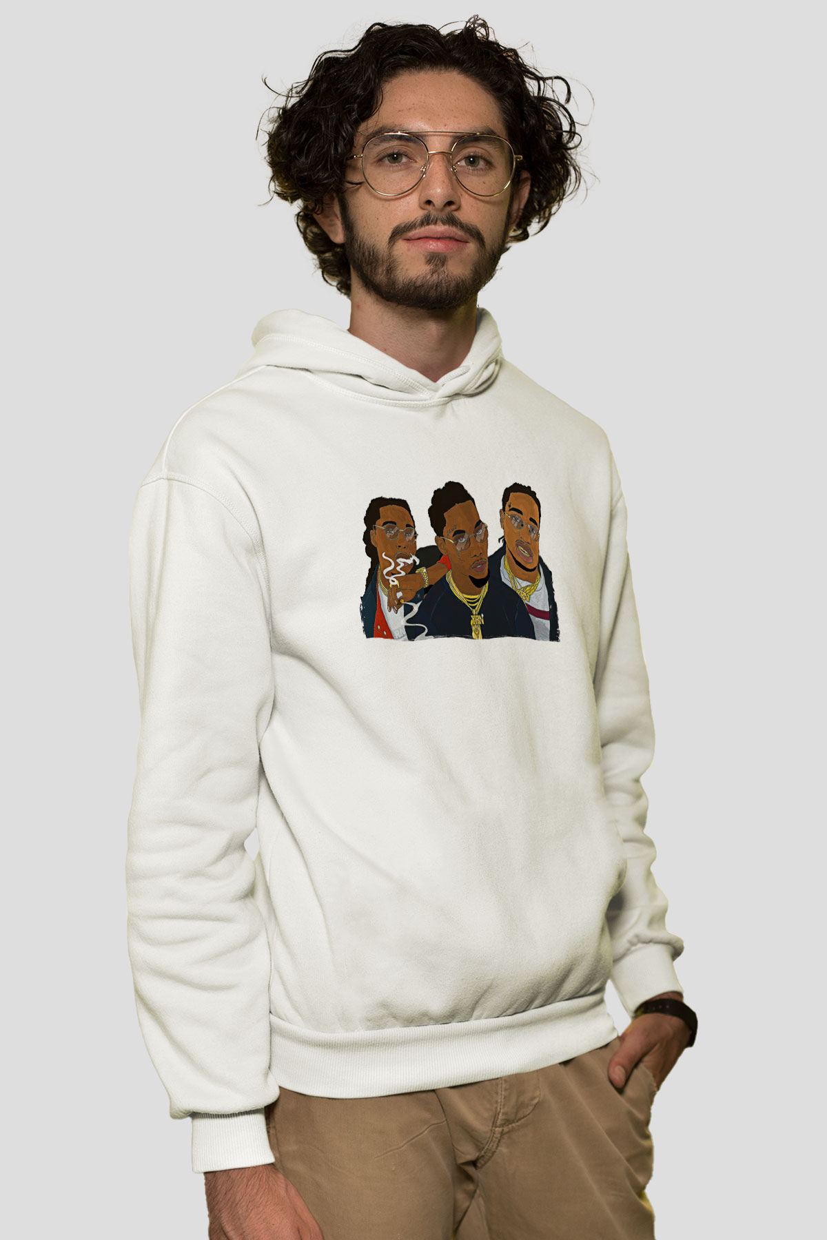 Offset Baskılı Beyaz Unisex Kapüşonlu Sweatshirt