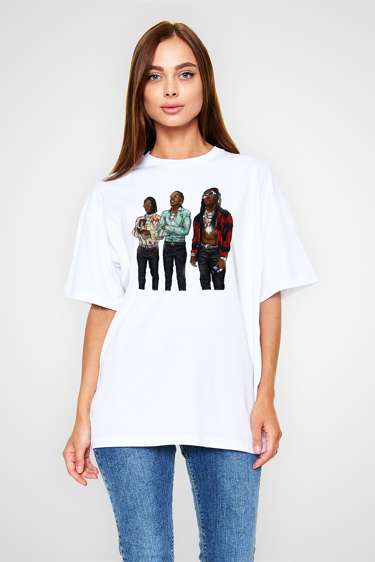 Offset Baskılı Beyaz Unisex Oversize Tişört - Tshirt
