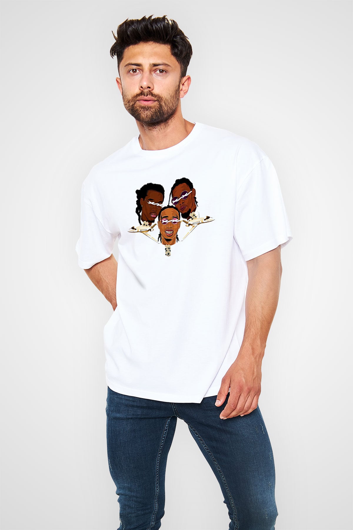 Offset Baskılı Beyaz Unisex Oversize Tişört - Tshirt