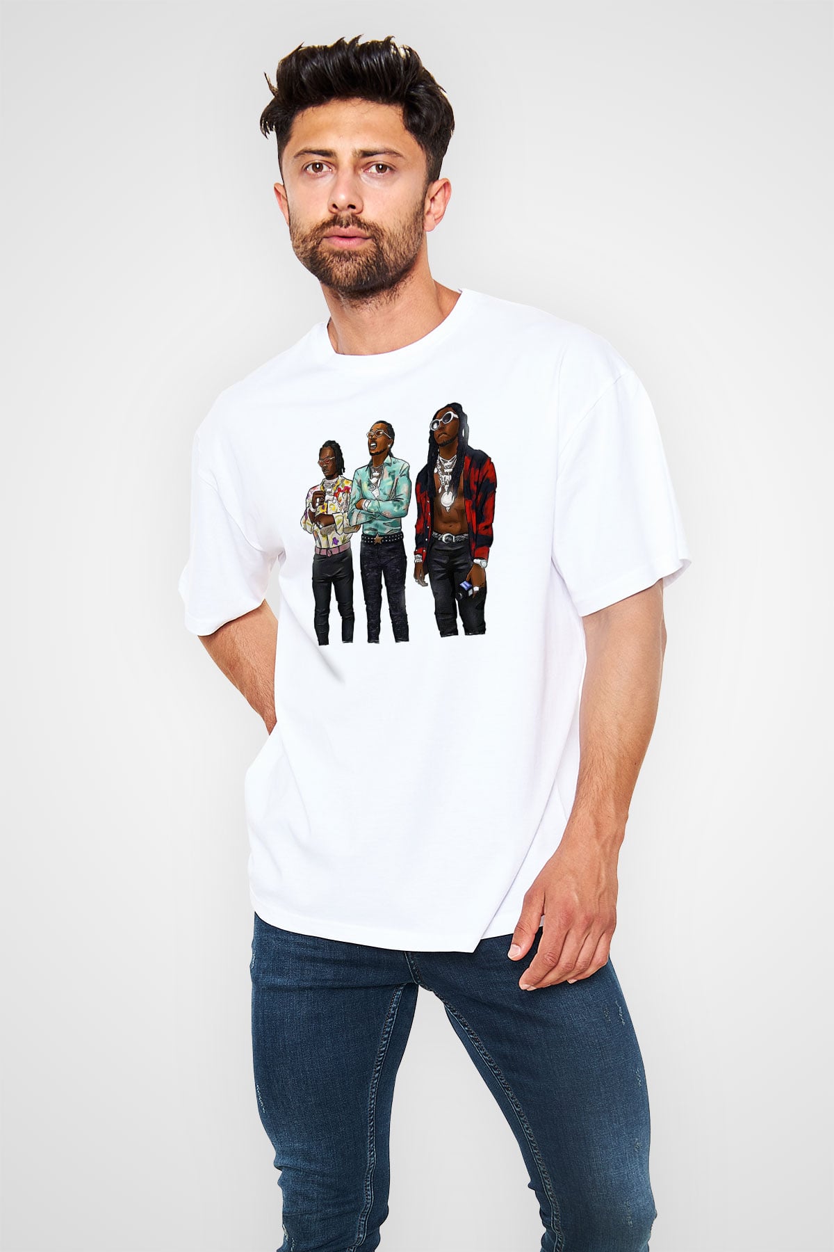 Offset Baskılı Beyaz Unisex Oversize Tişört - Tshirt