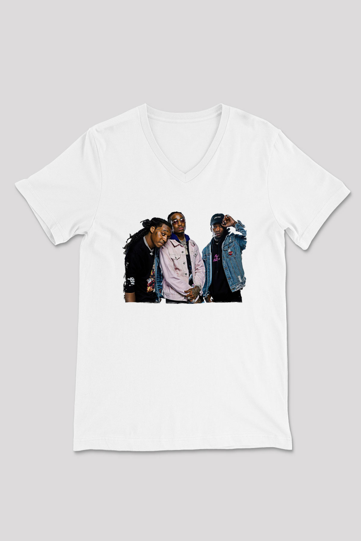 Offset Baskılı Beyaz Unisex V Yaka Tişört - Tshirt
