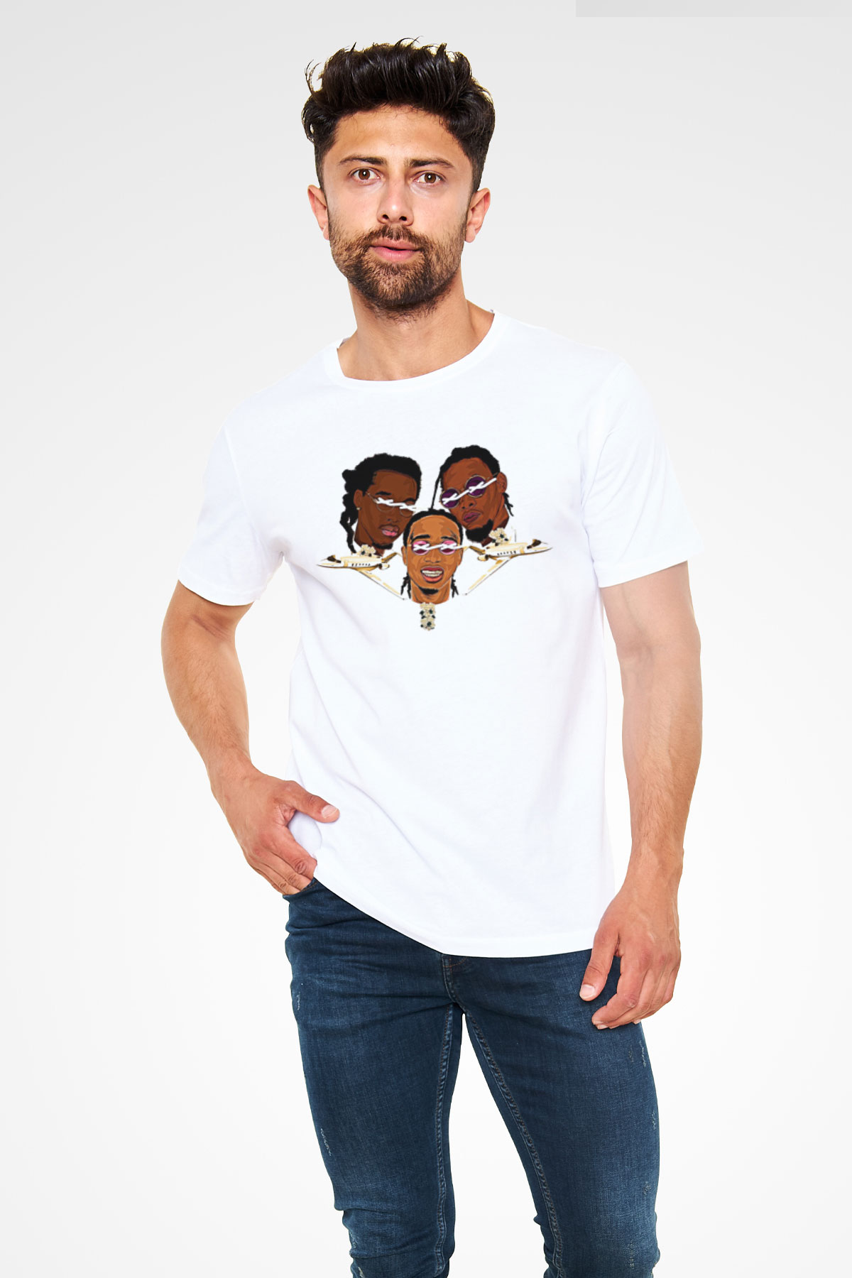 Offset Baskılı Unisex Beyaz Tişört - Tshirt