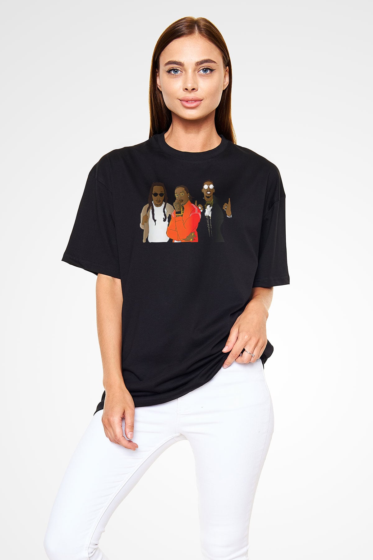 Offset Baskılı Unisex Siyah Oversize Tişört - Tshirt