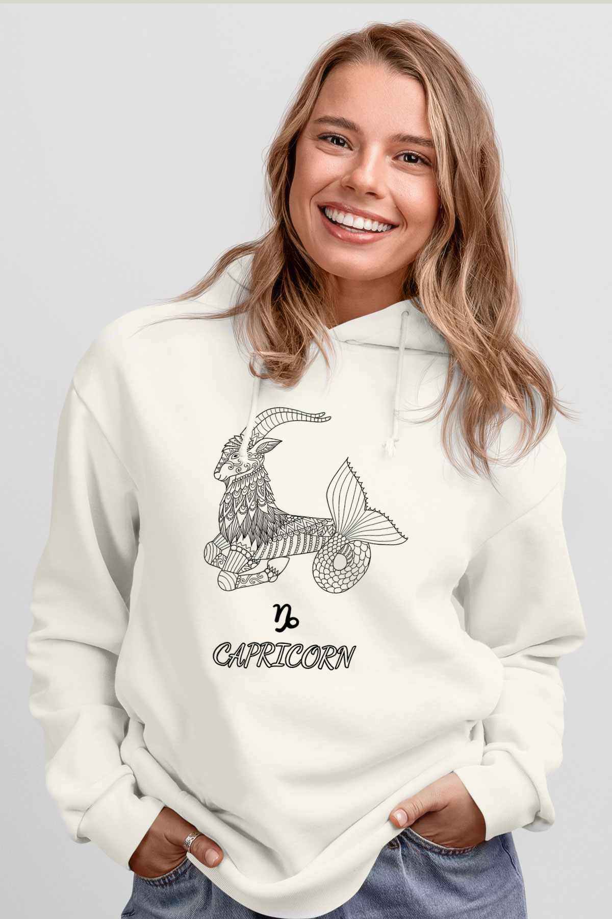 Oğlak Burcu Baskılı Beyaz Unisex Hoodie