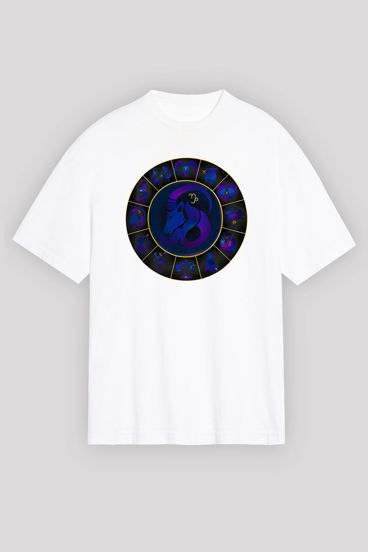 Oğlak Burcu Baskılı Beyaz Unisex Oversize Tişört - Tshirt