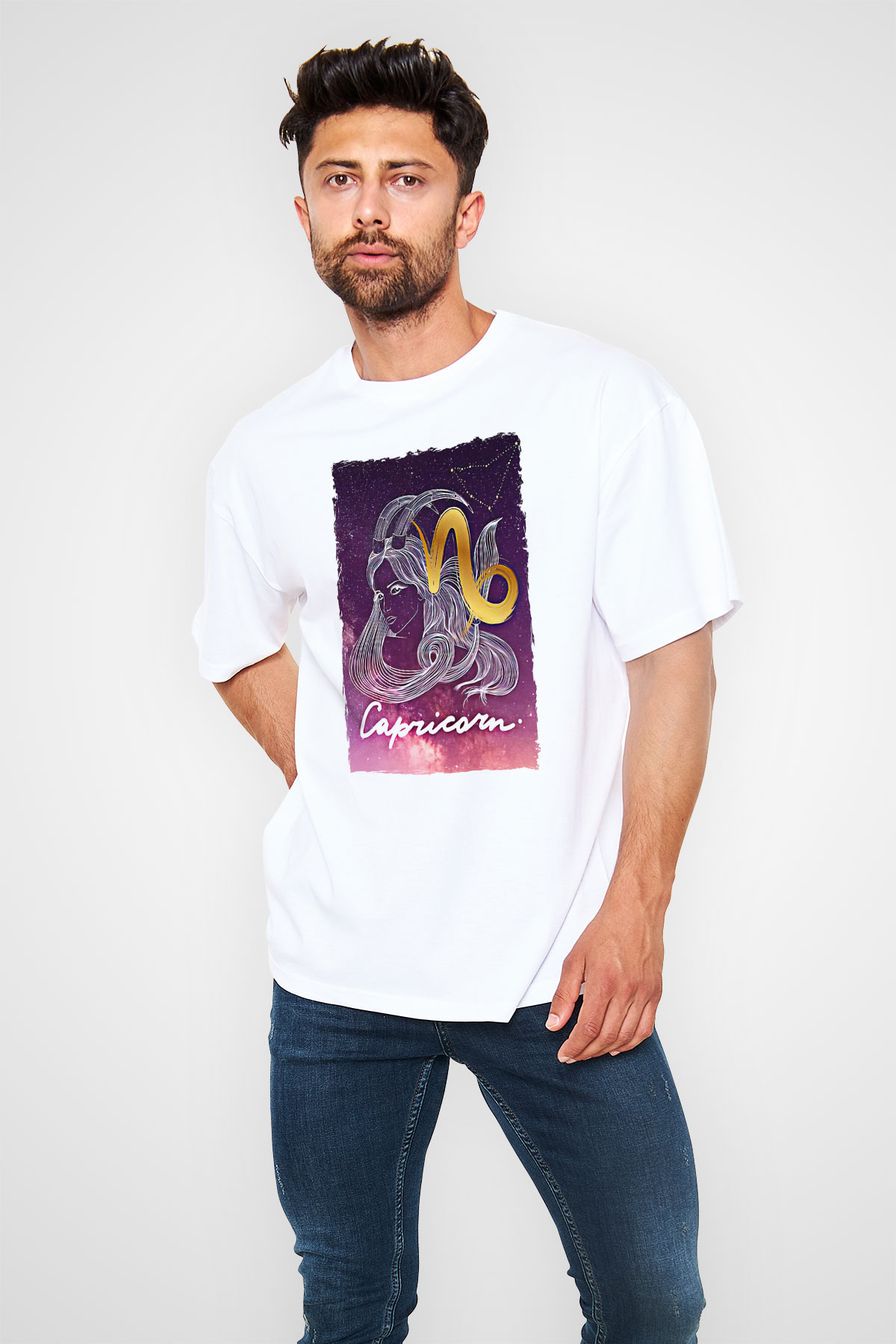 Oğlak Burcu Baskılı Beyaz Unisex Oversize Tişört - Tshirt