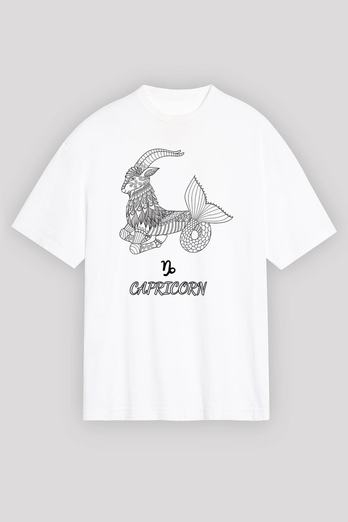 Oğlak Burcu Baskılı Beyaz Unisex Oversize Tişört - Tshirt