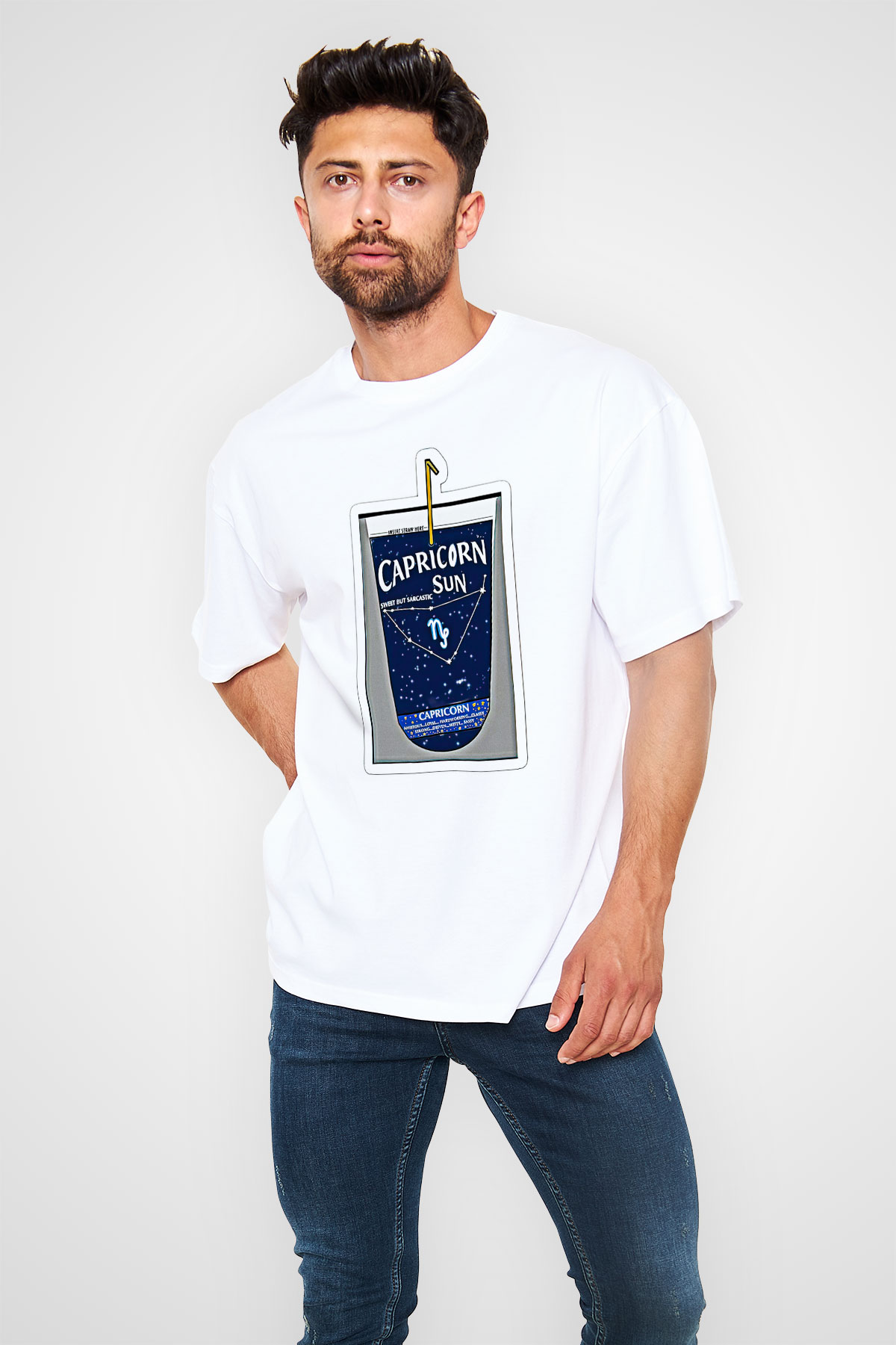 Oğlak Burcu Baskılı Beyaz Unisex Oversize Tişört - Tshirt