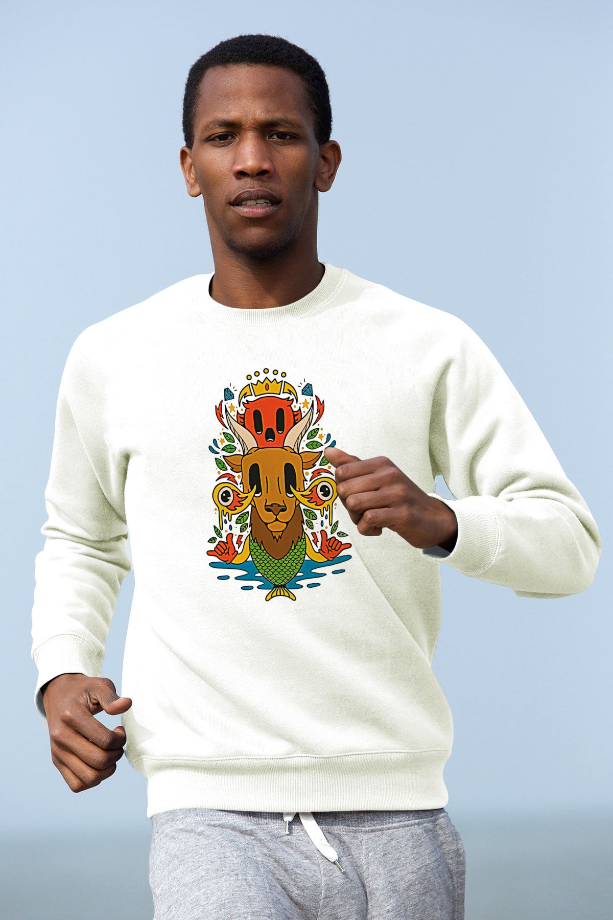 Oğlak Burcu Baskılı Beyaz Unisex Sweatshirt