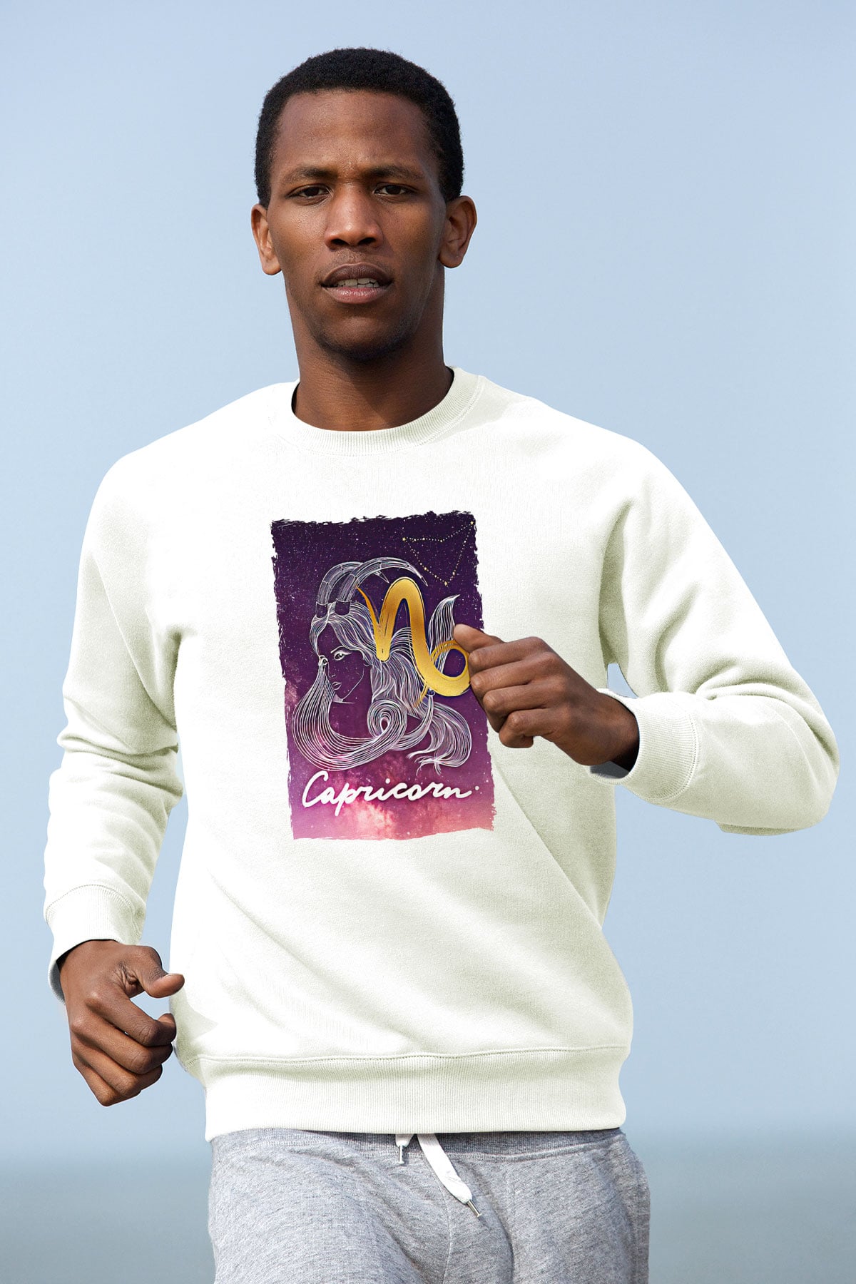 Oğlak Burcu Baskılı Beyaz Unisex Sweatshirt