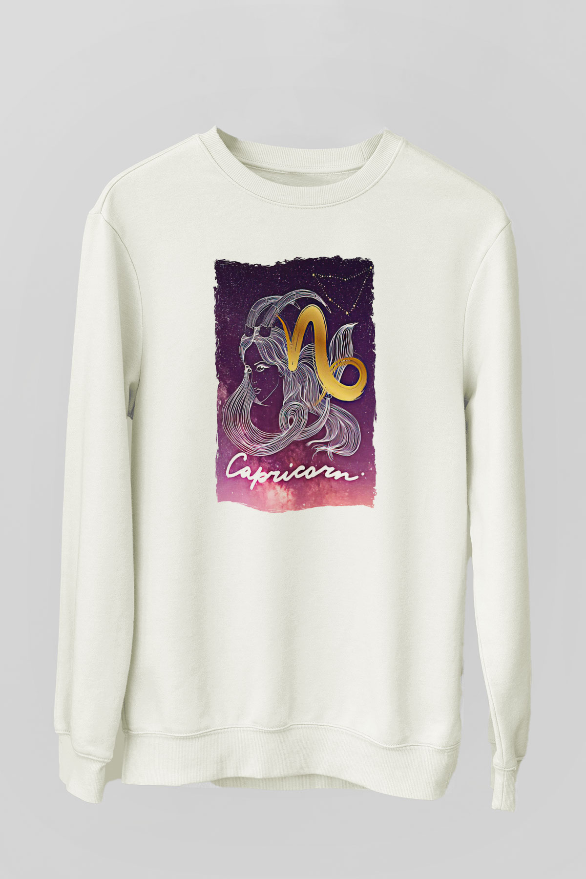 Oğlak Burcu Baskılı Beyaz Unisex Sweatshirt