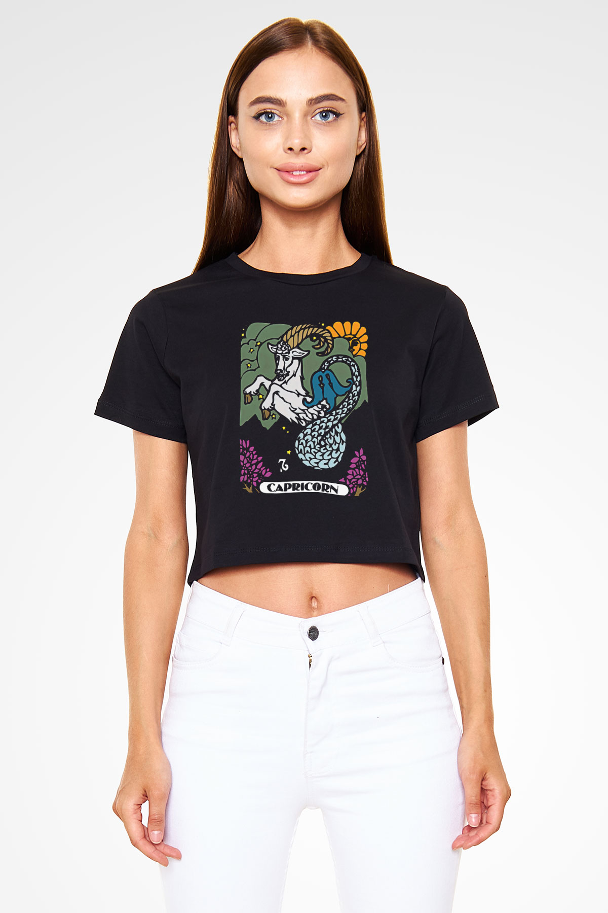 Oğlak Burcu Baskılı Siyah Crop Top Kadın Tişört - Tshirt
