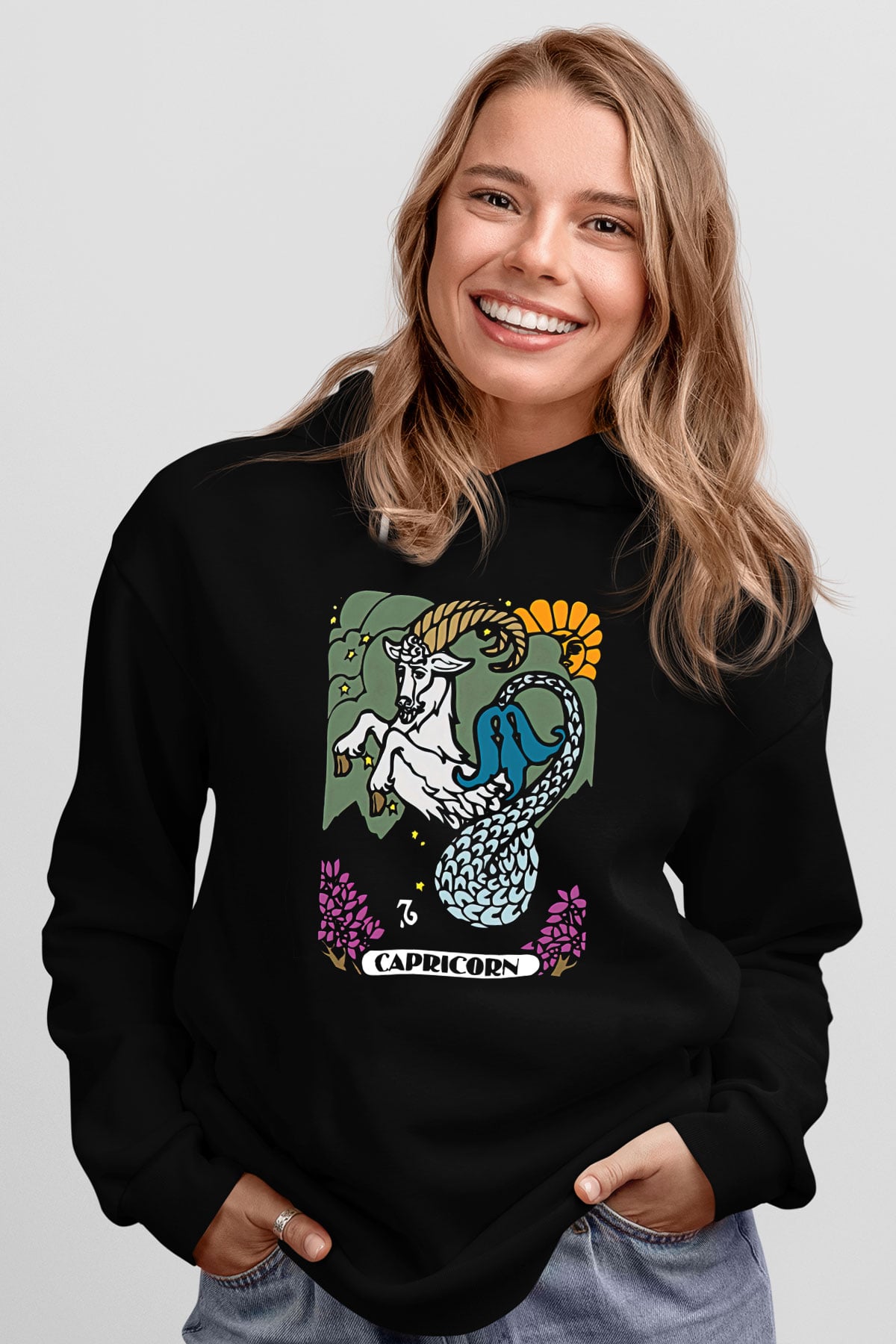 Oğlak Burcu Baskılı Unisex Siyah Hoodie