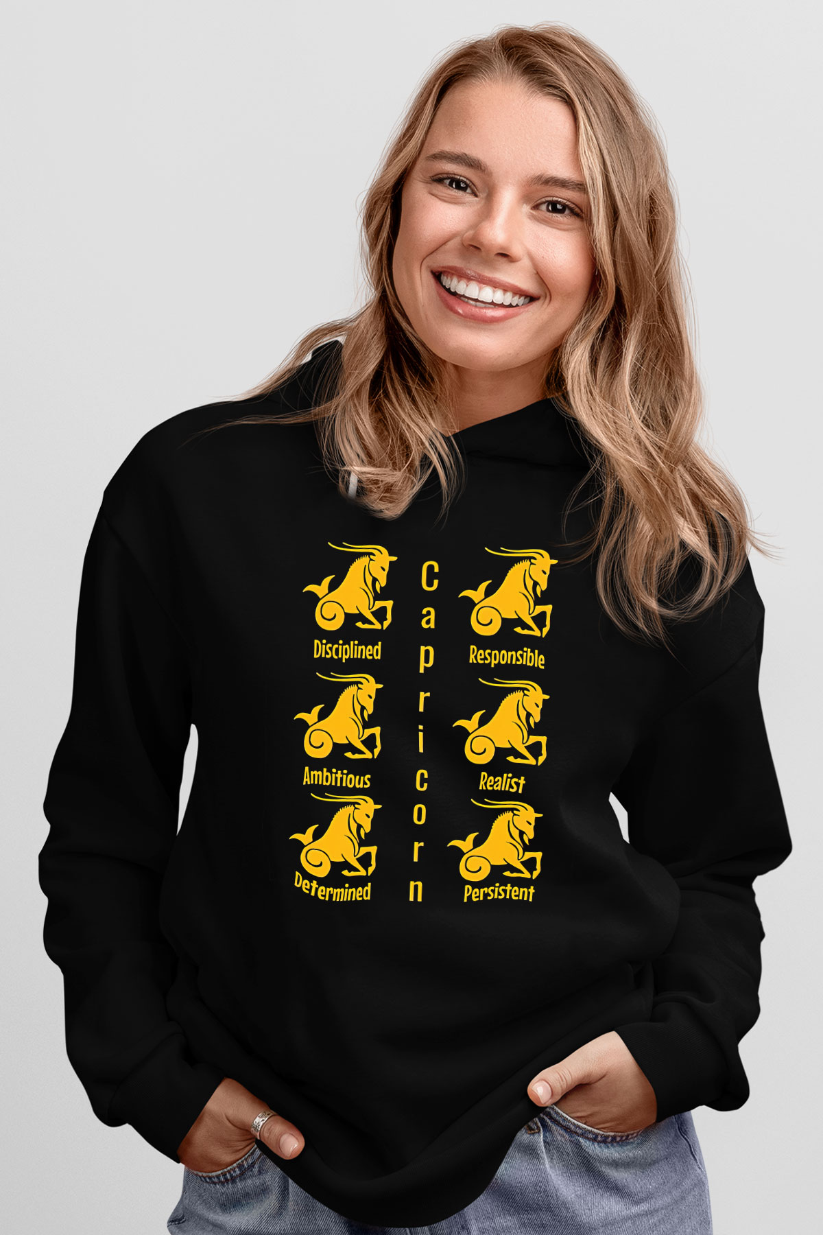 Oğlak Burcu Baskılı Unisex Siyah Hoodie