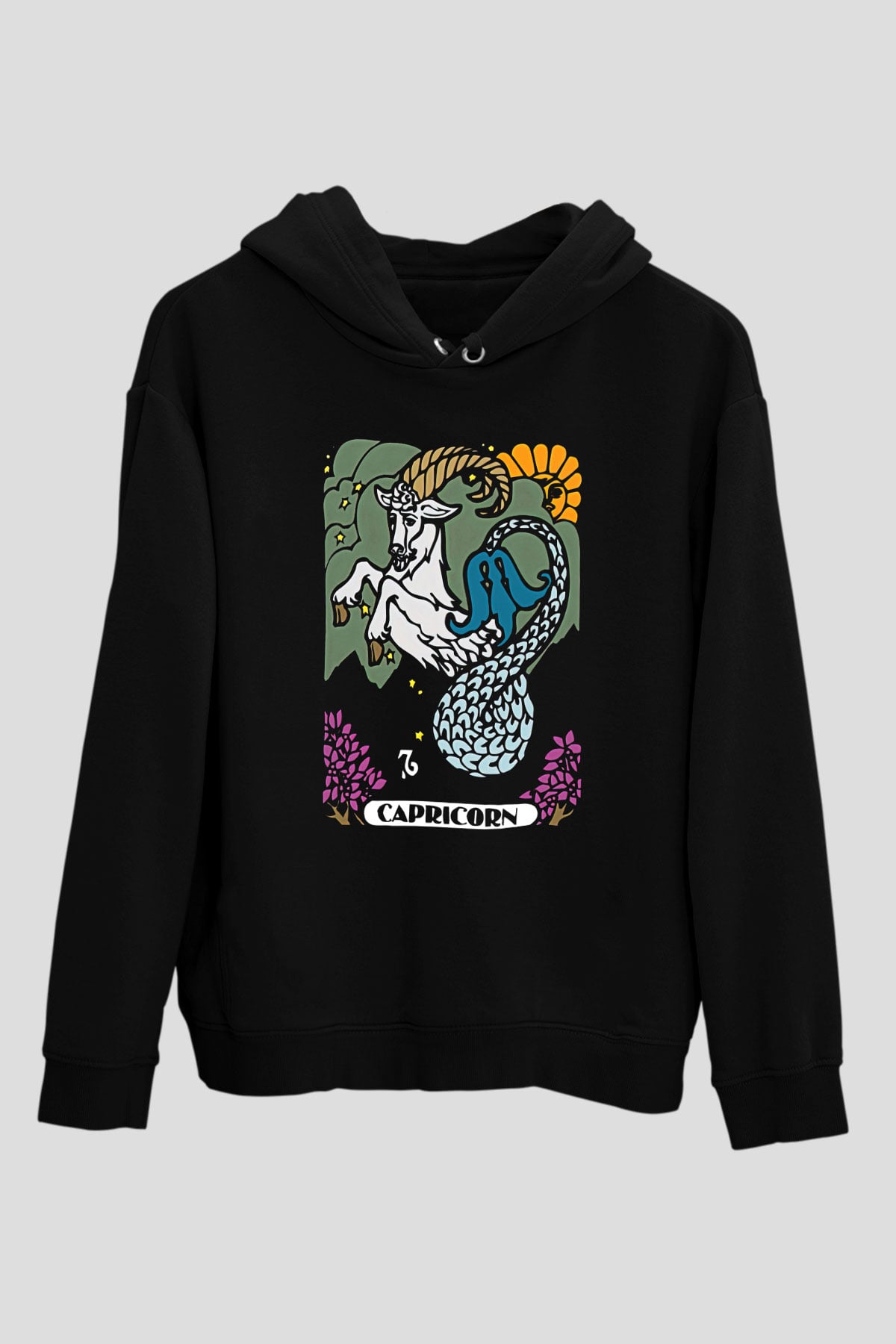 Oğlak Burcu Baskılı Unisex Siyah Hoodie