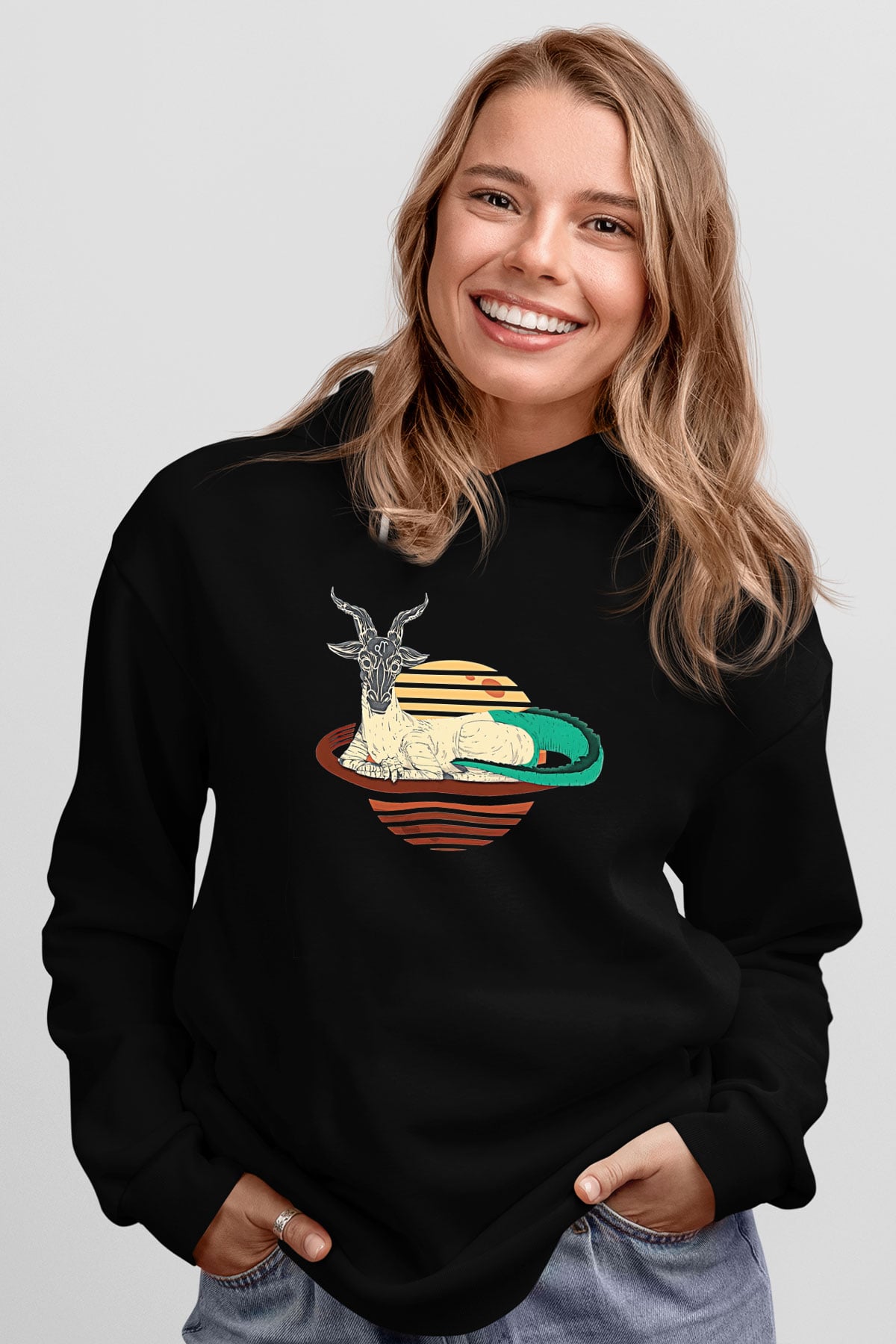 Oğlak Burcu Baskılı Unisex Siyah Hoodie