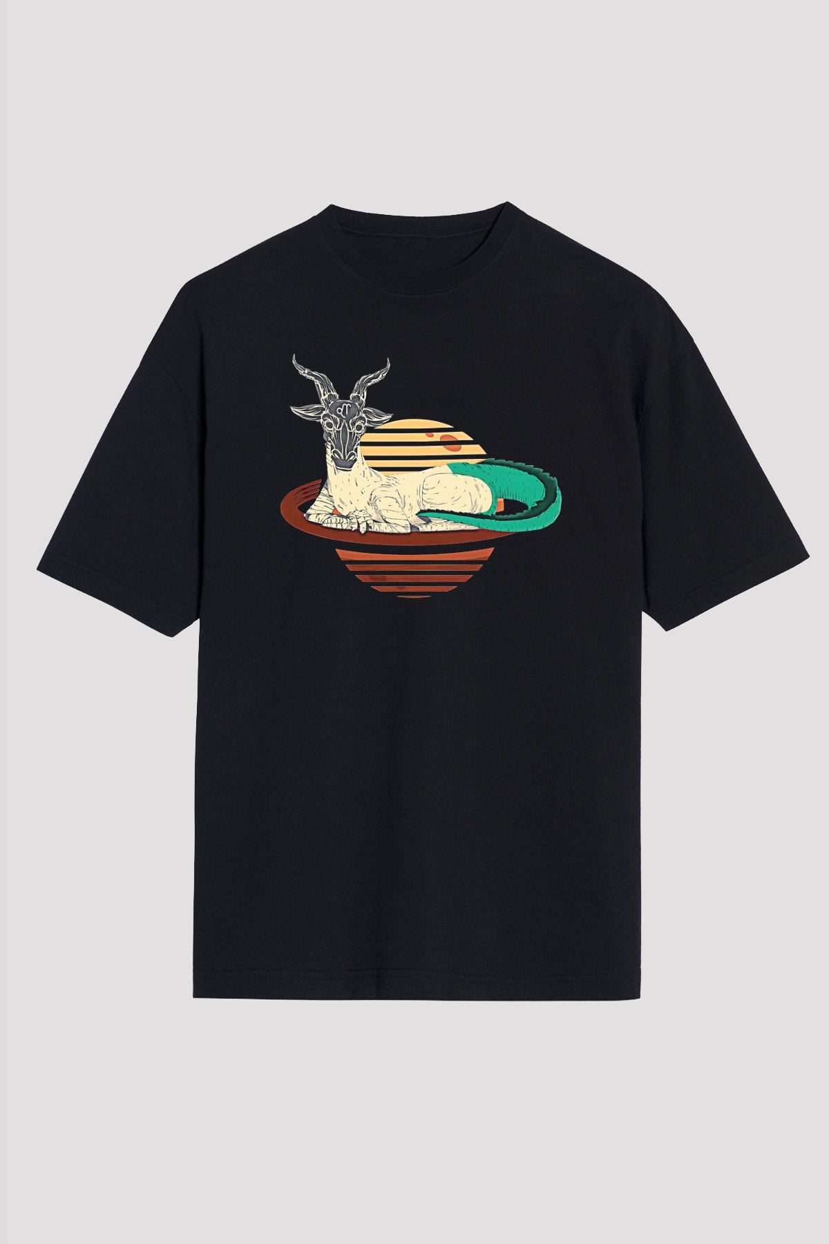Oğlak Burcu Baskılı Unisex Siyah Oversize Tişört - Tshirt