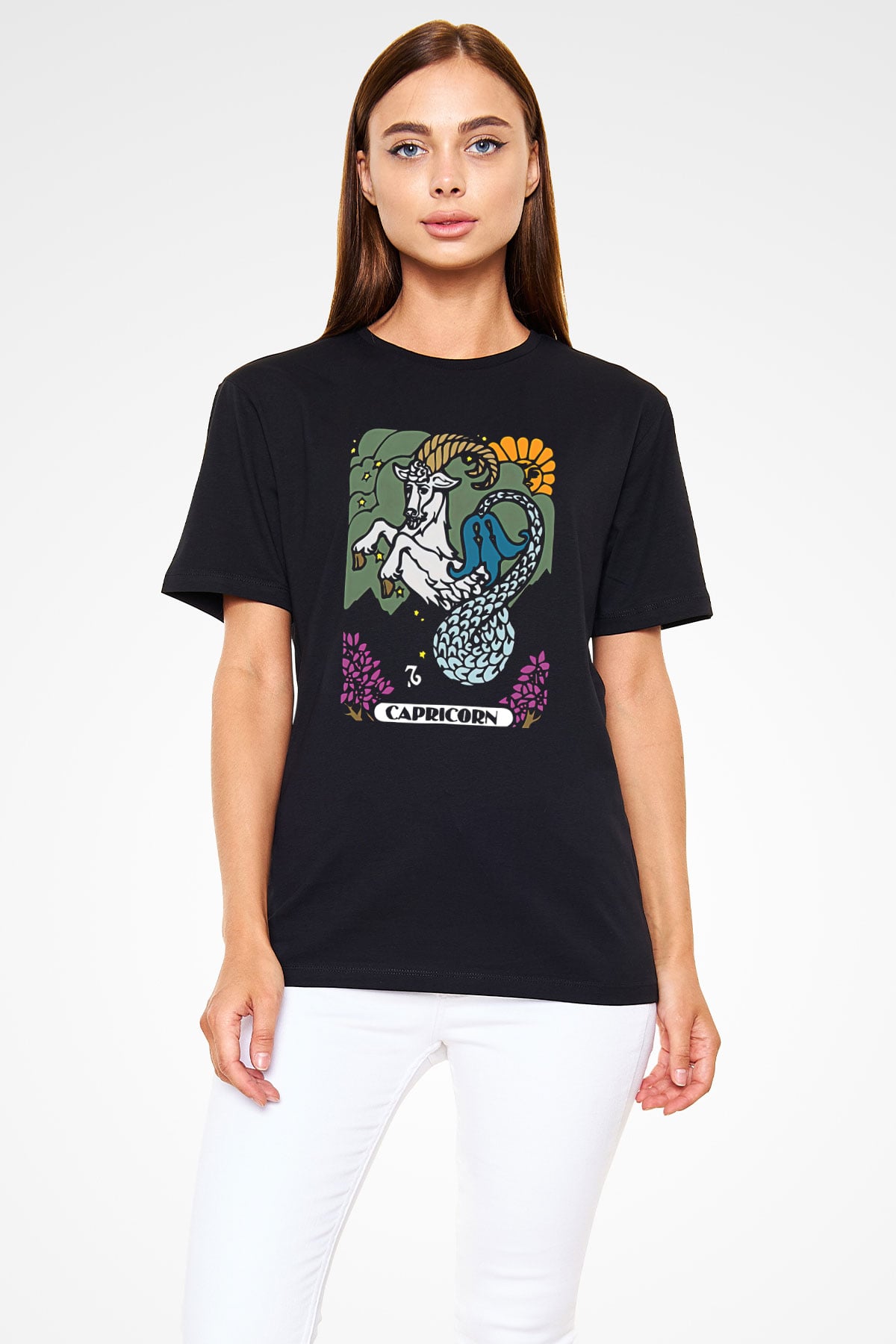 Oğlak Burcu Baskılı Unisex Siyah Tişört - Tshirt