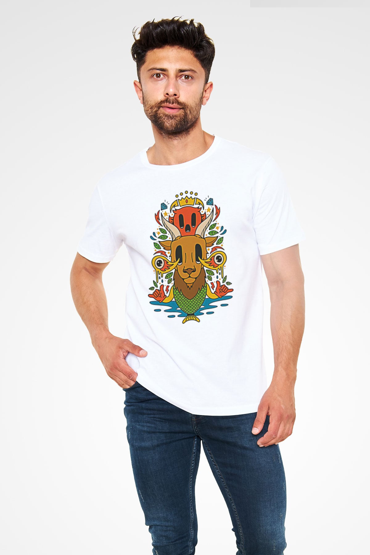 Oğlak Burcu Unisex Baskılı Beyaz Tişört - Tshirt