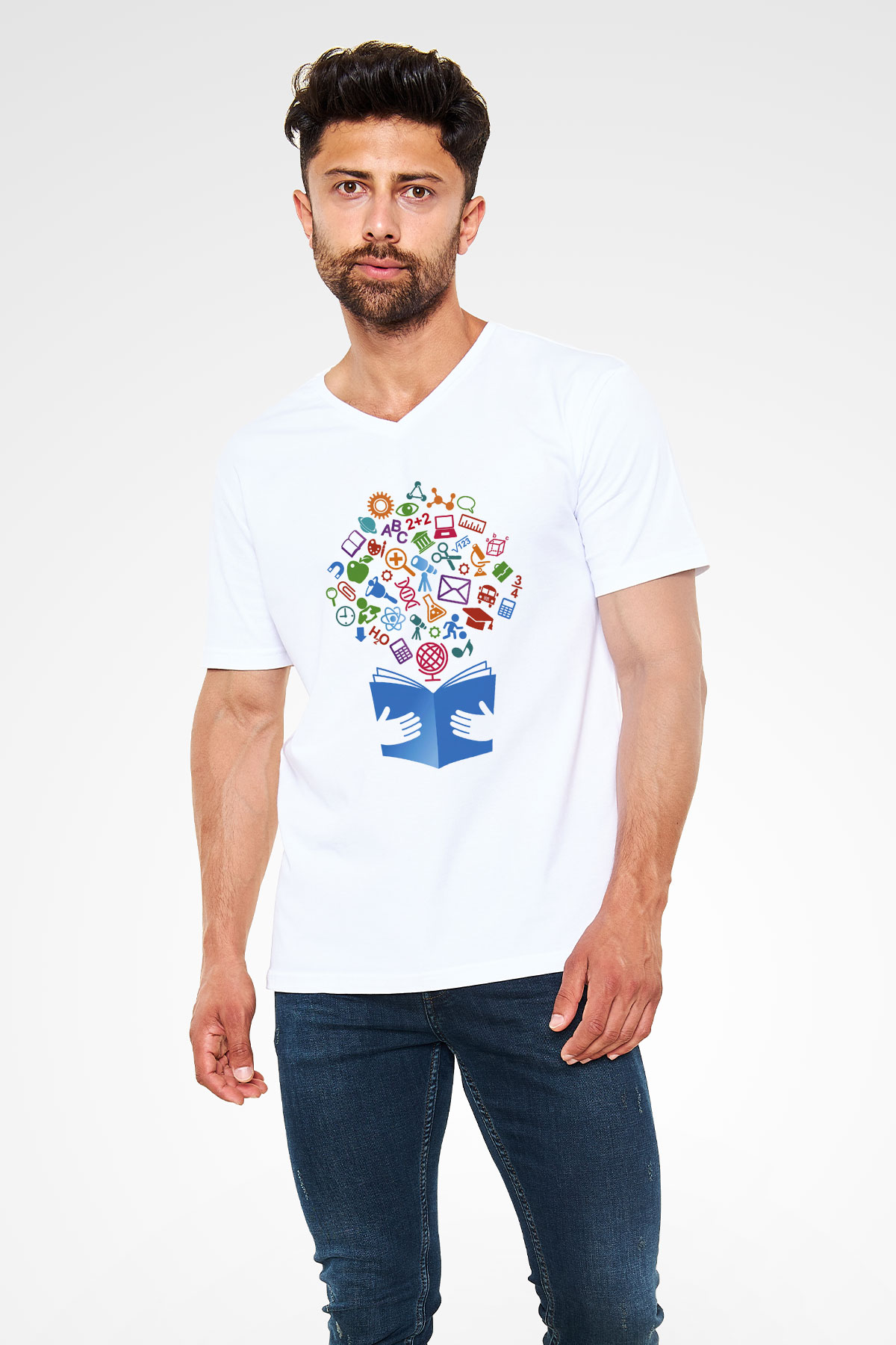 Öğretmen Beyaz Unisex V Yaka Tişört T-Shirt