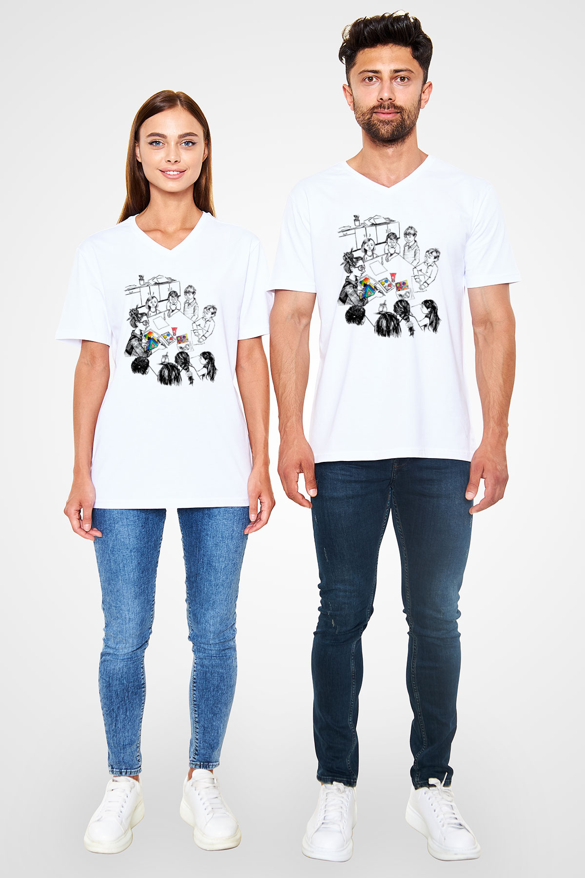 Öğretmen Beyaz Unisex V Yaka Tişört T-Shirt