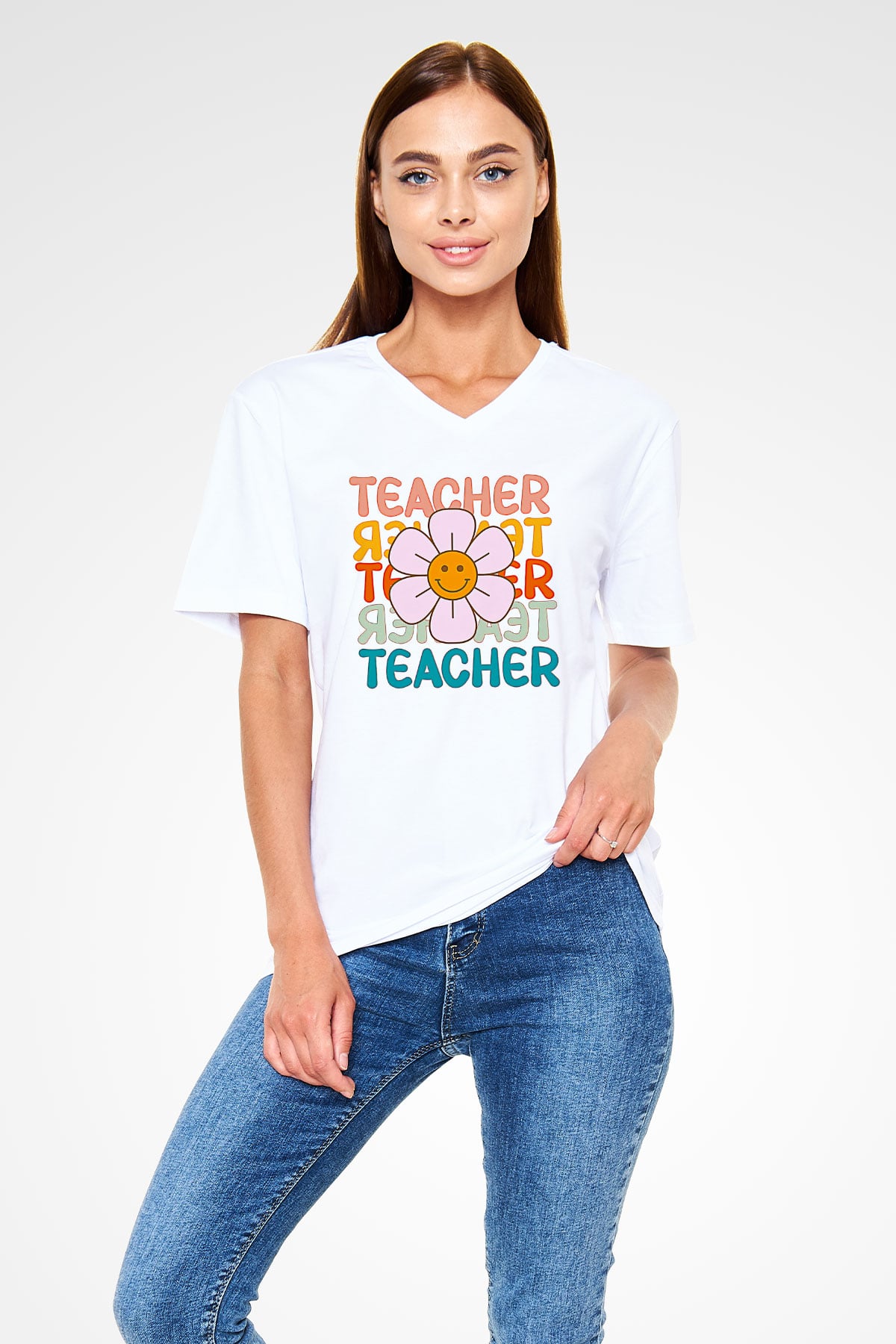 Öğretmenler Günü Baskılı Beyaz Unisex V Yaka Tişört - Tshirt