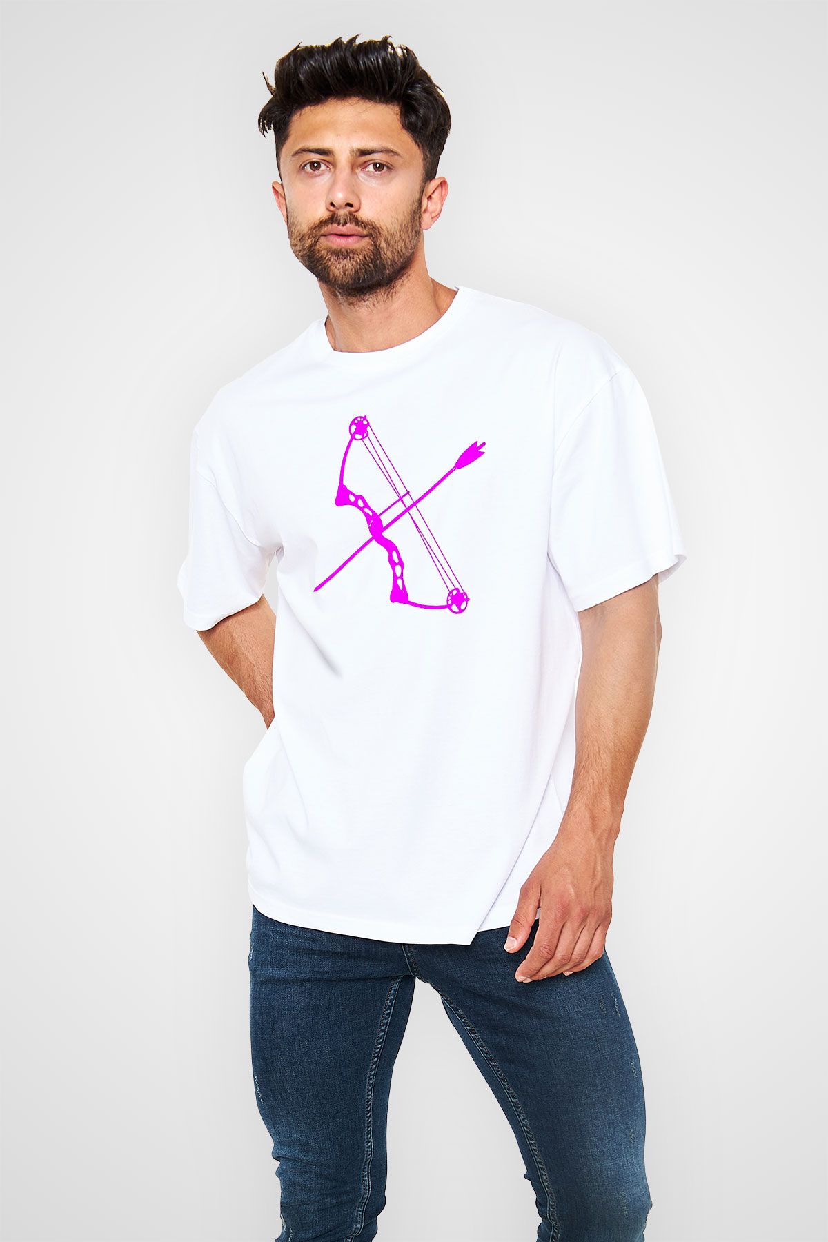 Okçuluk Baskılı Unisex Beyaz Oversize Tişört - Tshirt