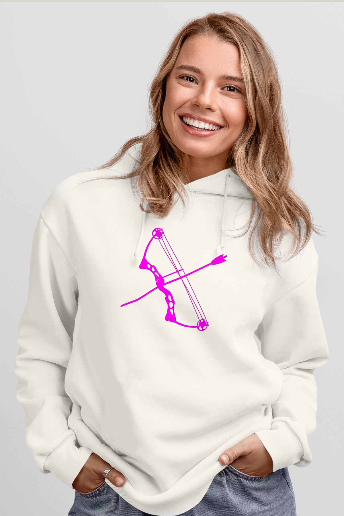 Okçuluk Baskılı Unisex Ekru Hoodie