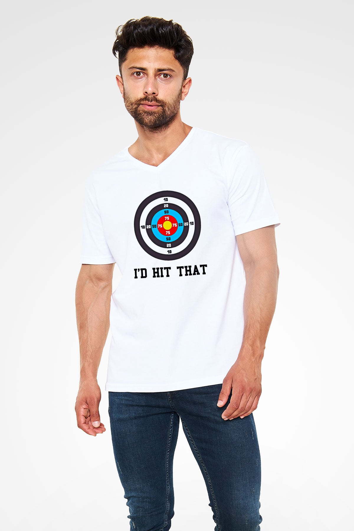 Okçuluk Baskılı Unisex V Yaka Tişört - Tshirt