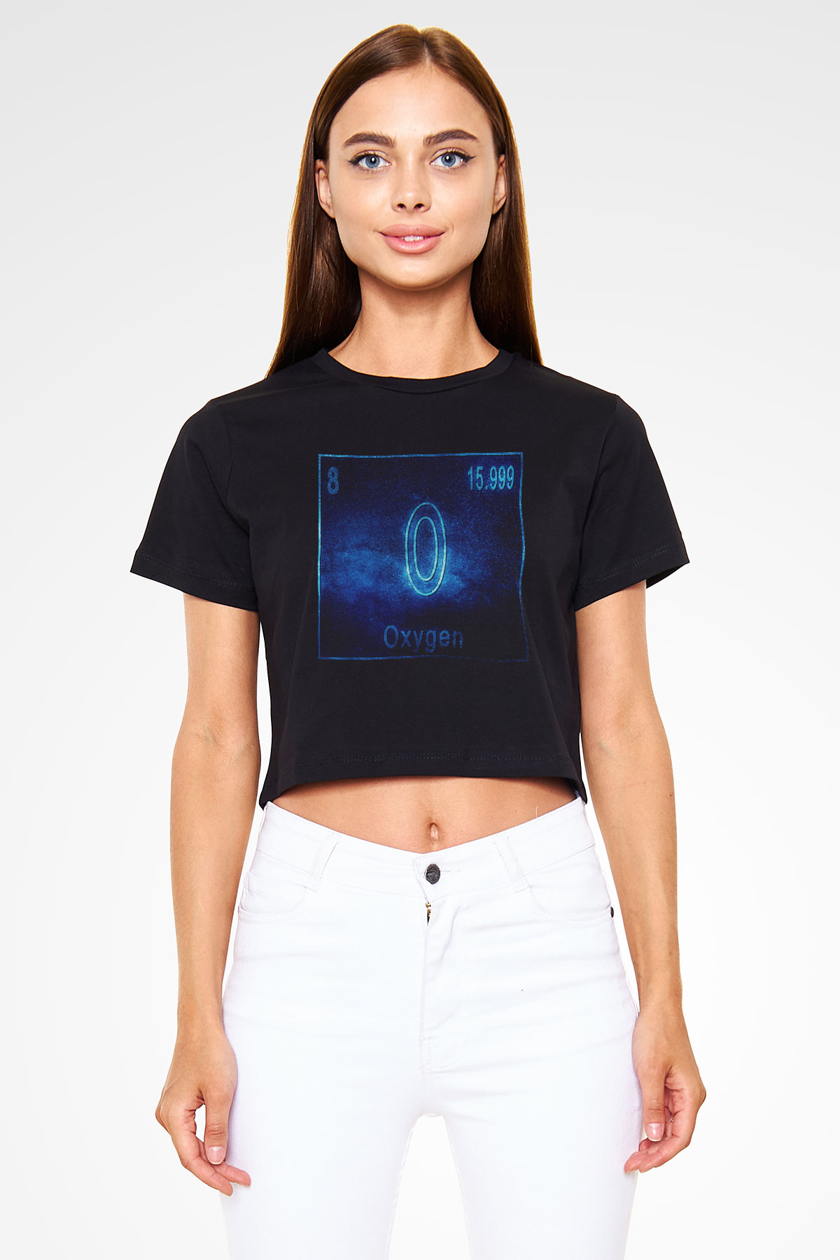 Oksijen Elementi Atom Numarası Baskılı Siyah Kadın Crop Top Tişört