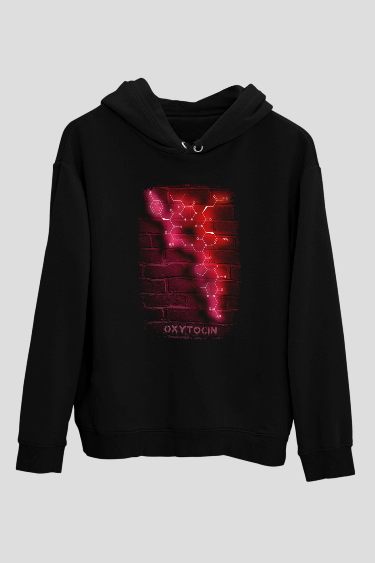 Oksitosin Molekülü Neon Baskılı Unisex Siyah Kapüşonlu Sweatshirt