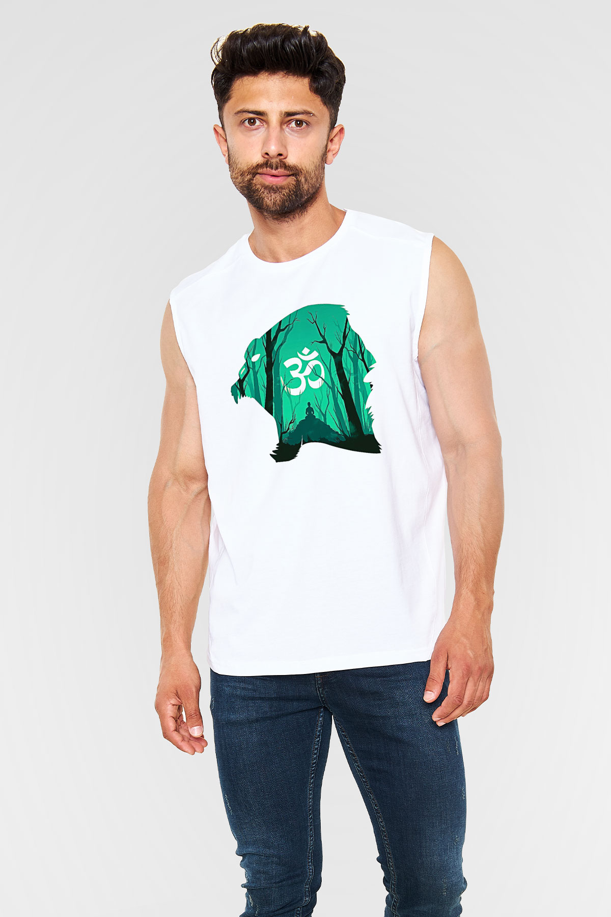 Om Baskılı Beyaz Unisex Kolsuz Tişört - Tshirt