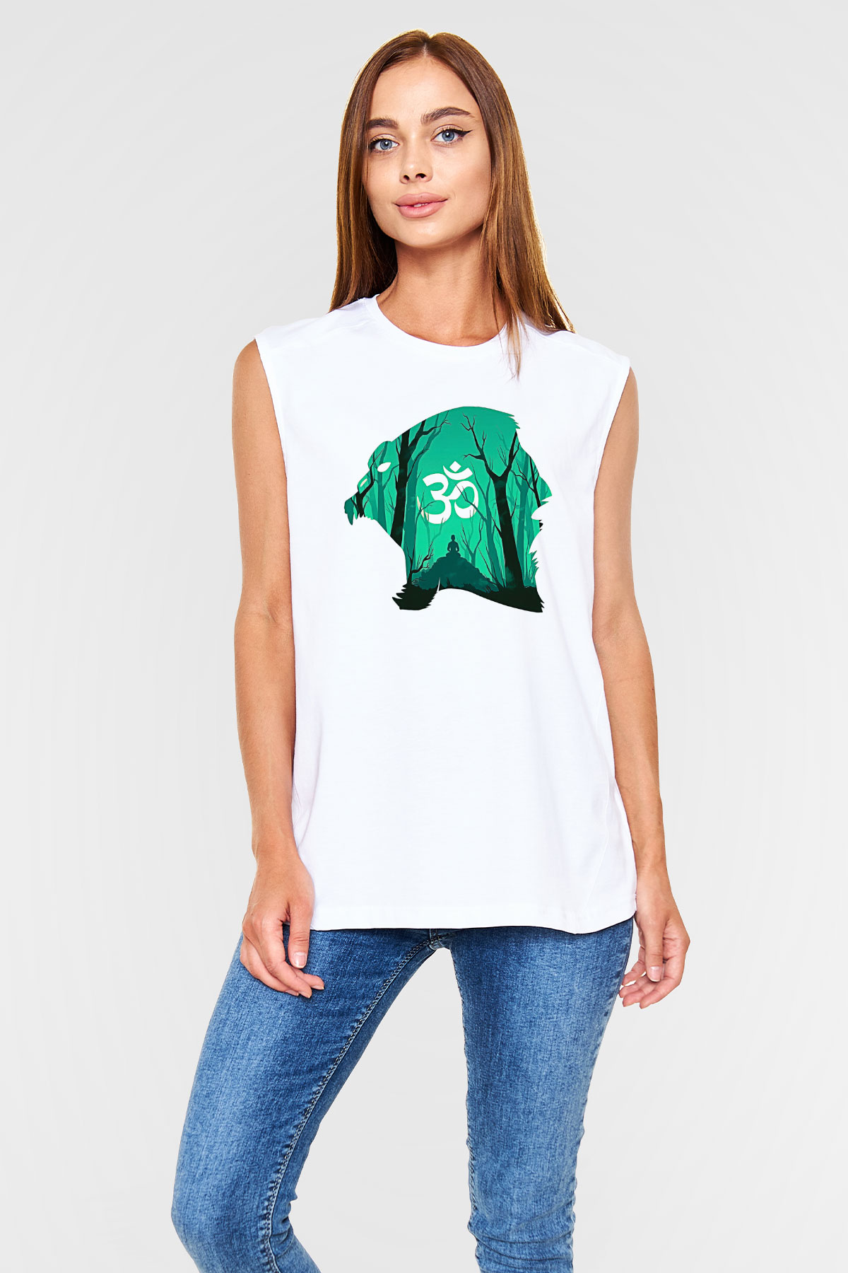 Om Baskılı Beyaz Unisex Kolsuz Tişört - Tshirt