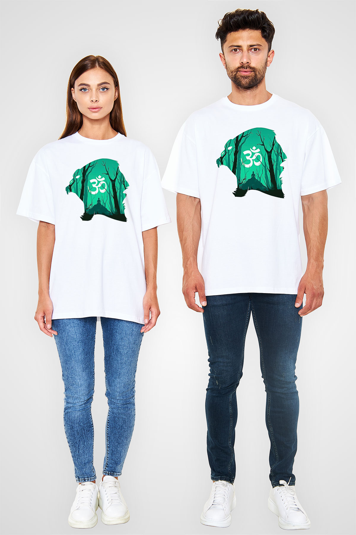 Om Baskılı Beyaz Unisex Oversize Tişört - Tshirt