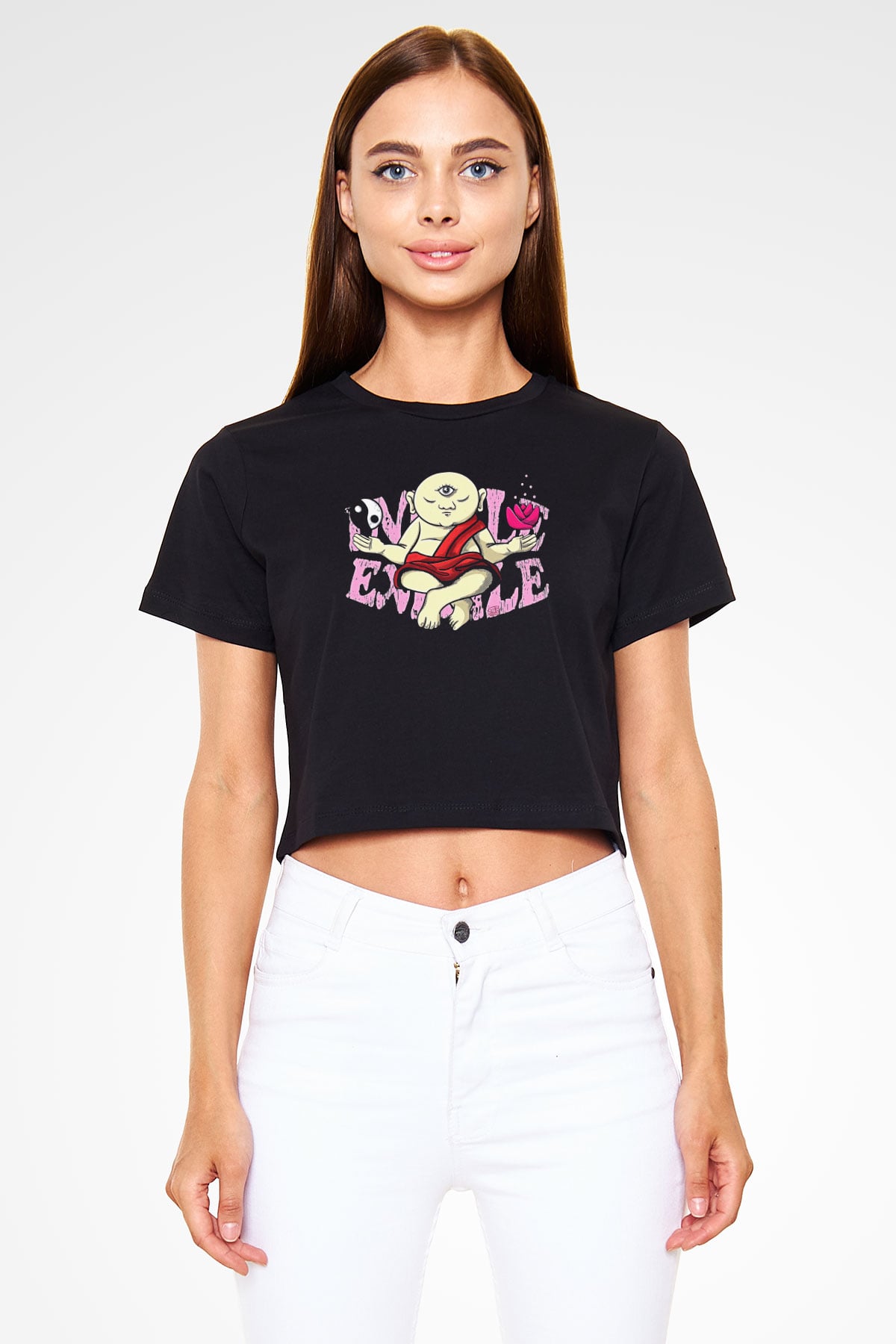 Om Baskılı Siyah Crop Top Kadın Tişört - Tshirt