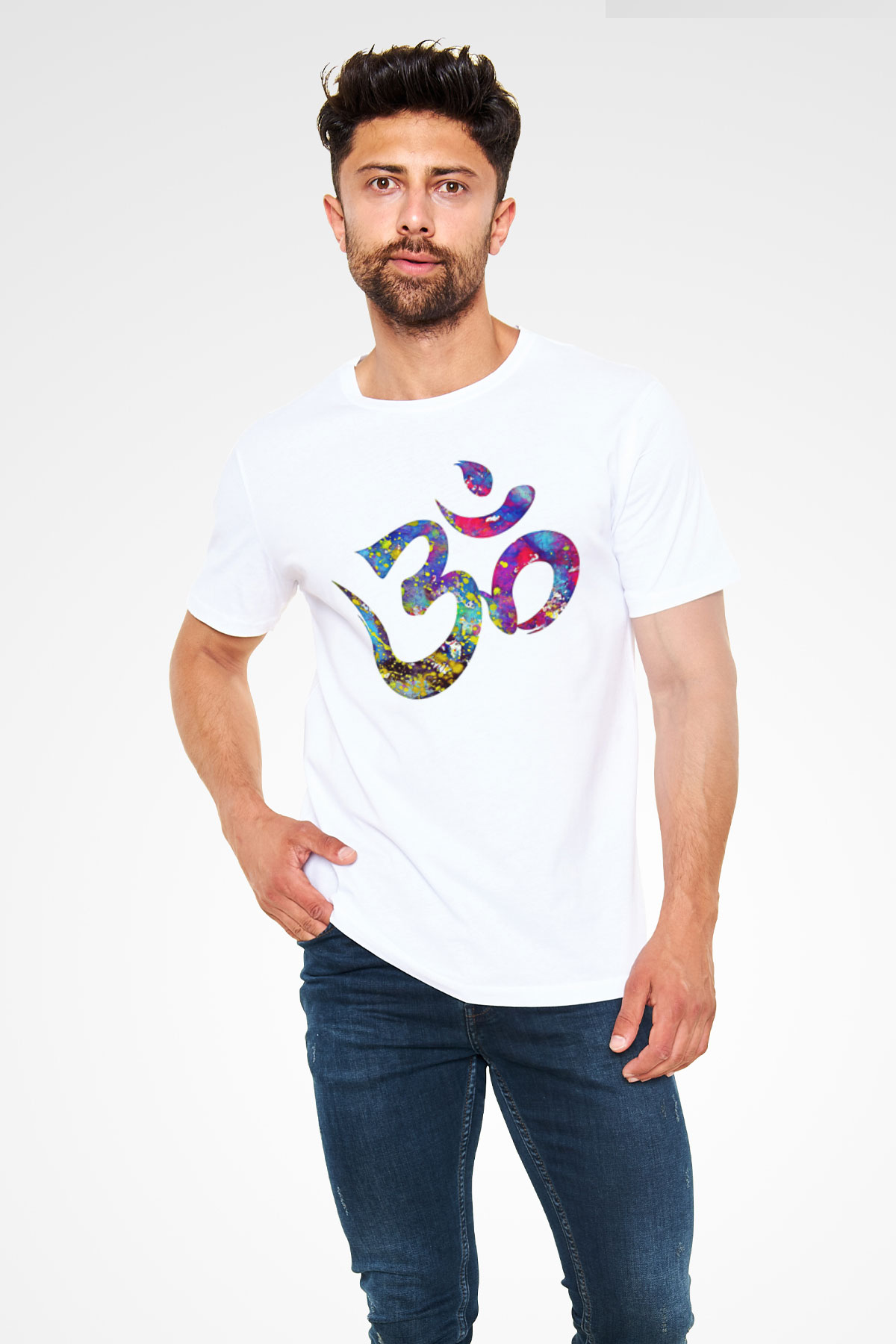 Om Baskılı Unisex Beyaz Tişört - Tshirt