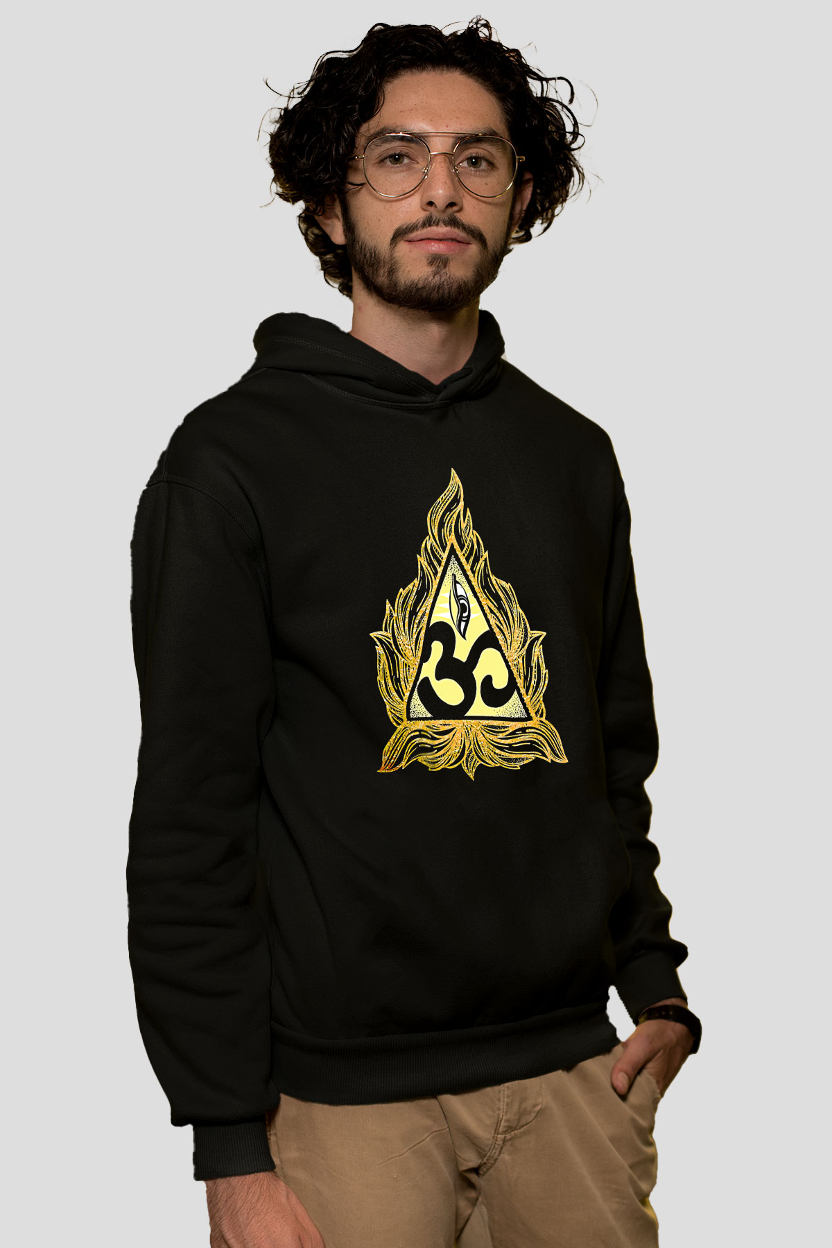 Om Baskılı Unisex Siyah Kapüşonlu Sweatshirt