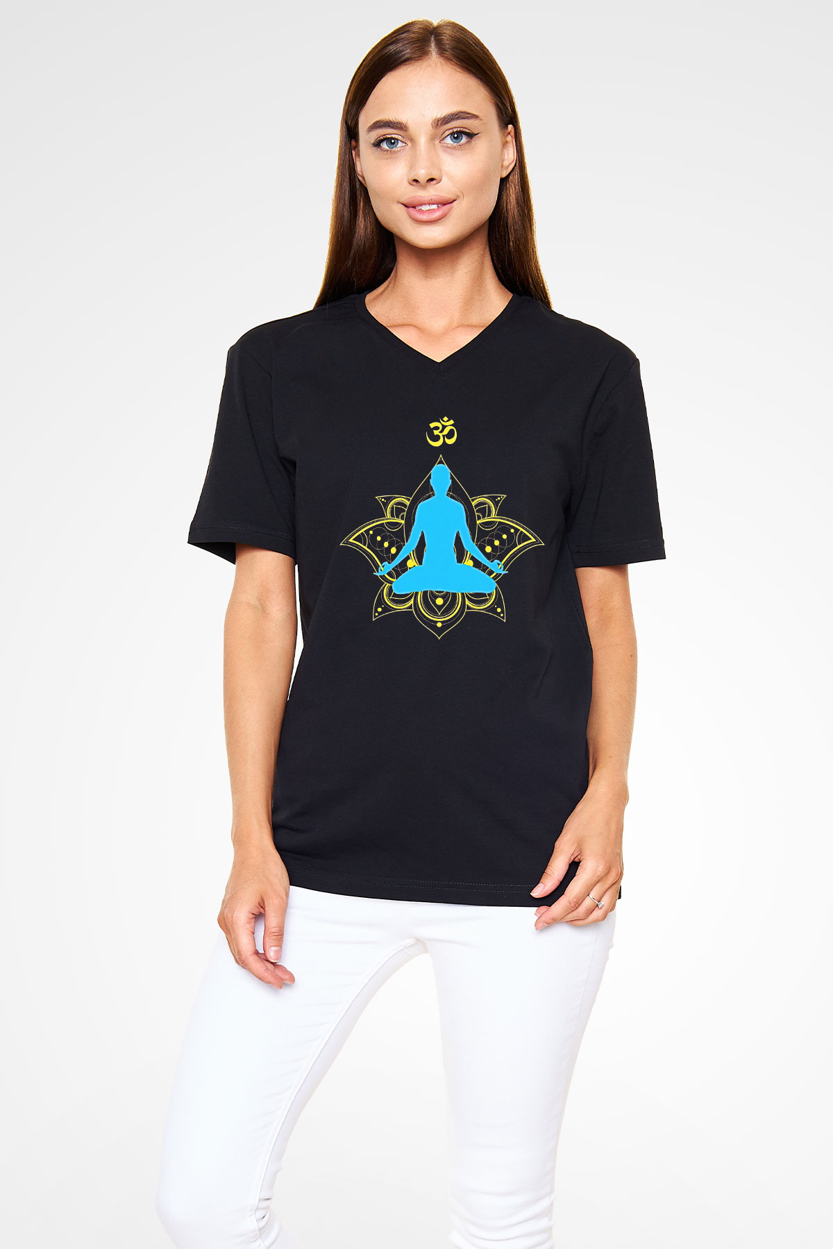 Om Baskılı Unisex Siyah V Yaka Tişört - Tshirt