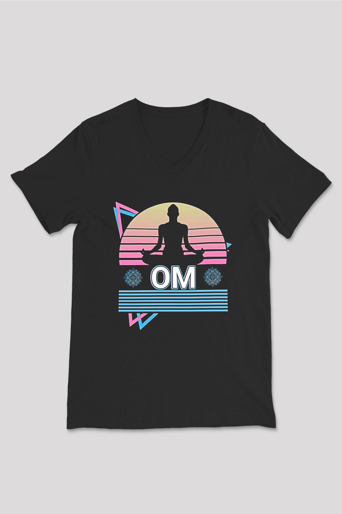 Om Baskılı Unisex Siyah V Yaka Tişört - Tshirt